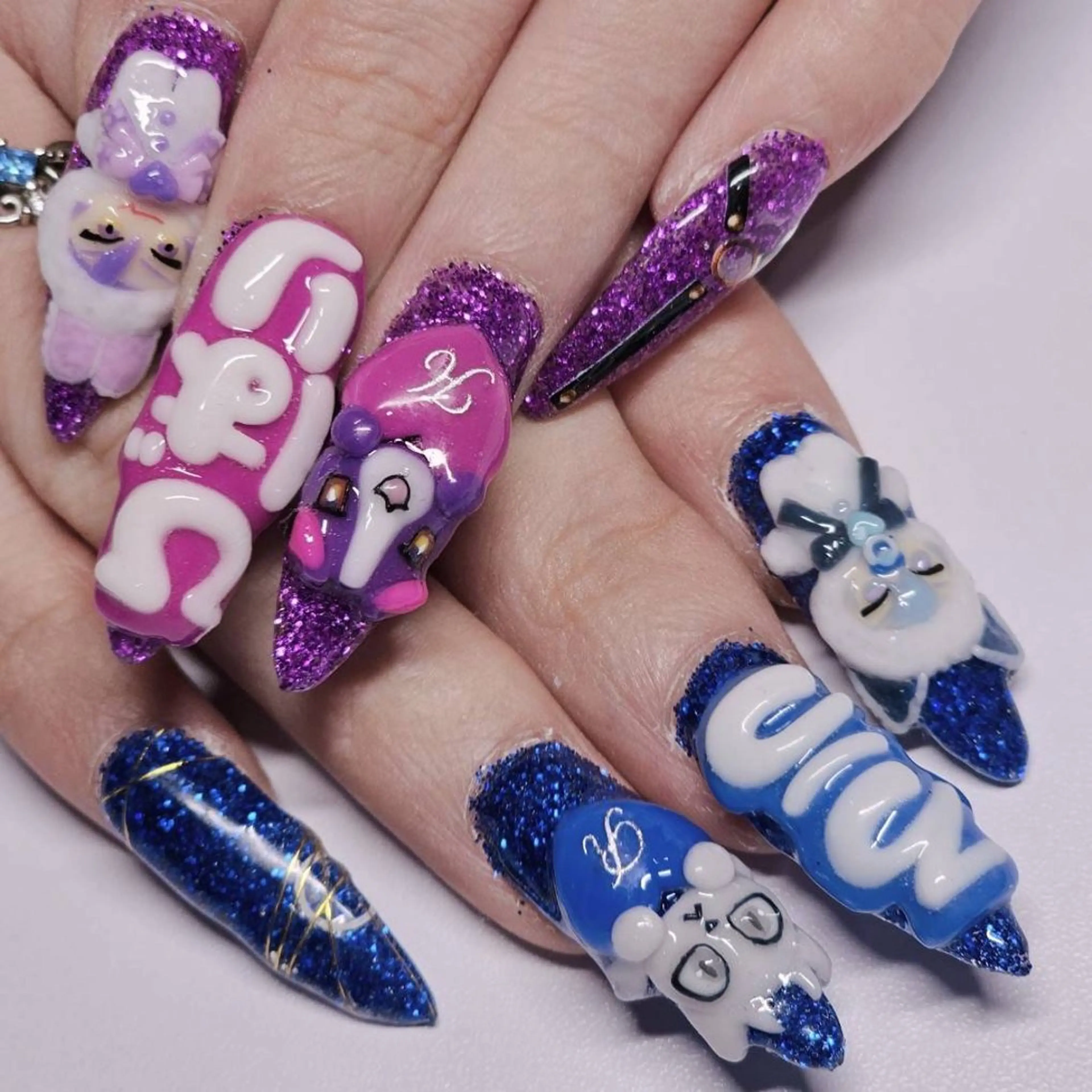 ネイル アートネイル ブルー ラメ(グリッター) パープル ハンドネイル よしだ ひろきのネイルデザイン