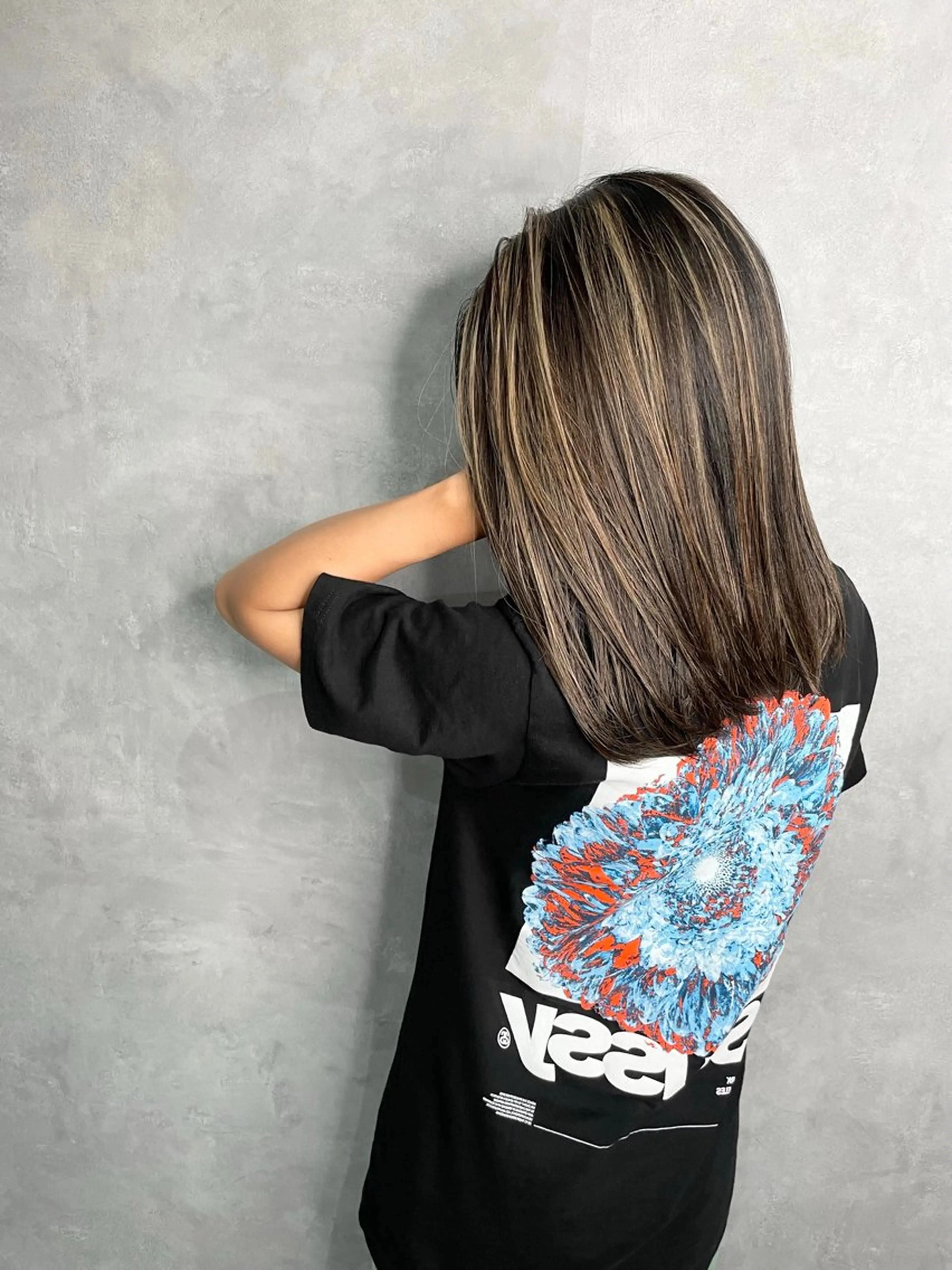 ミディアム ミディアムパーマ ミストバング ハイライト 髪質改善 ヨシンモリ HAIR SMILE COEURのヘアスタイル