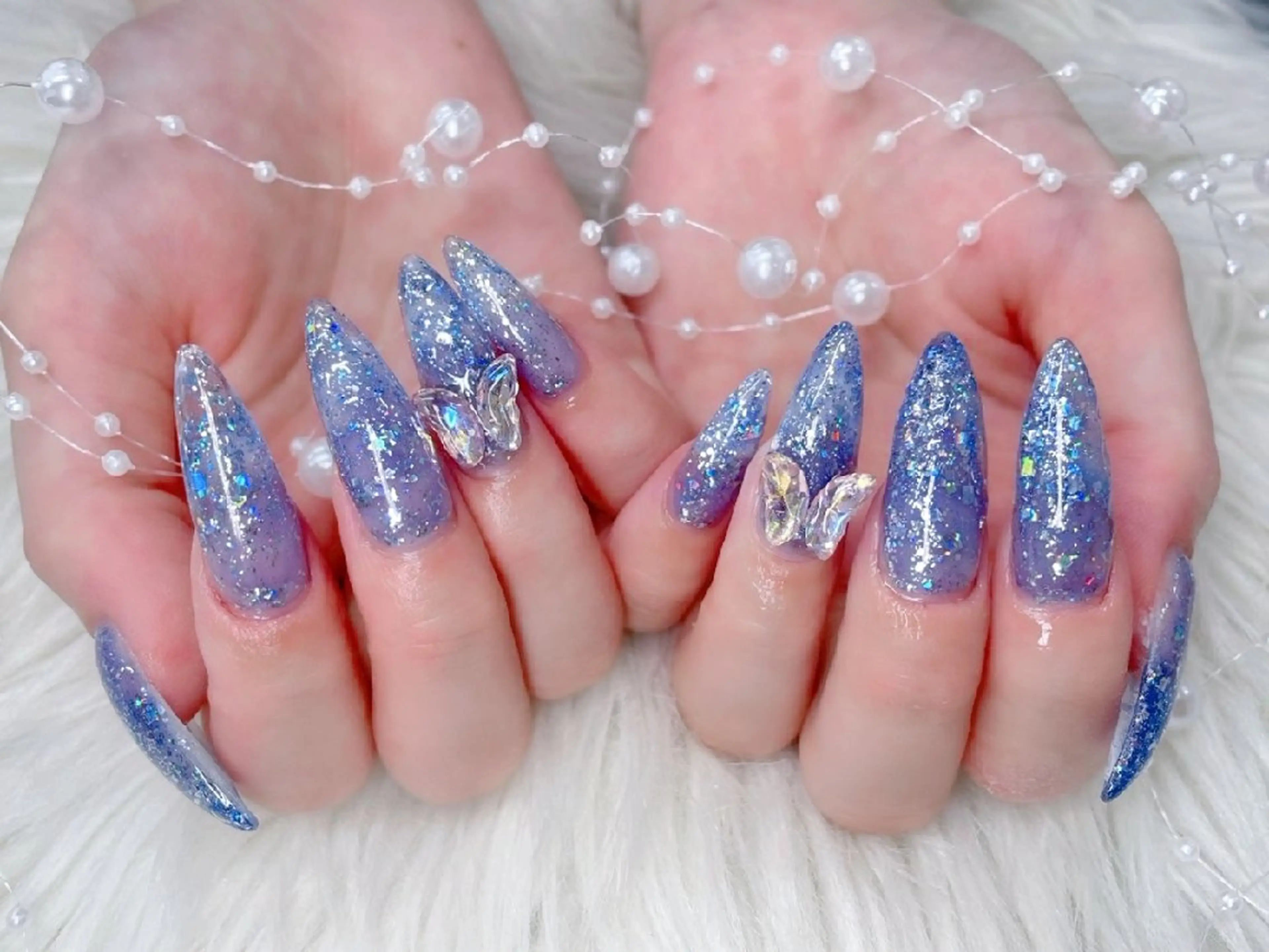 ネイル 長さ出し フラッシュネイル フレンチネイル キラキラネイル ラメ(グリッター) Chouette Nailのネイルデザイン