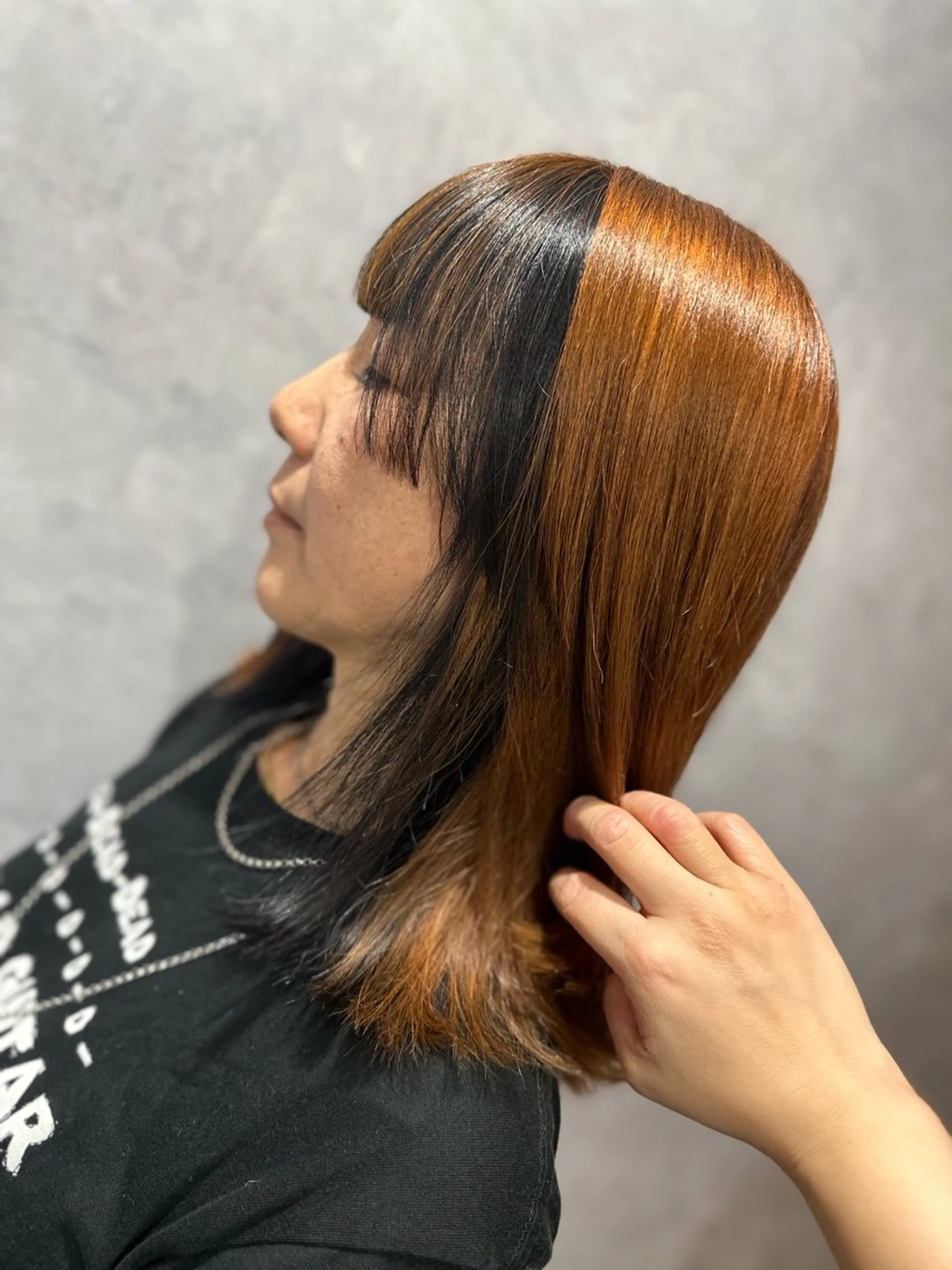 セミロング カラー ミストバング 黒髪 オレンジ 顔周りカット 姫カット 🆕TRUTH千葉店 店長Yuのヘアスタイル