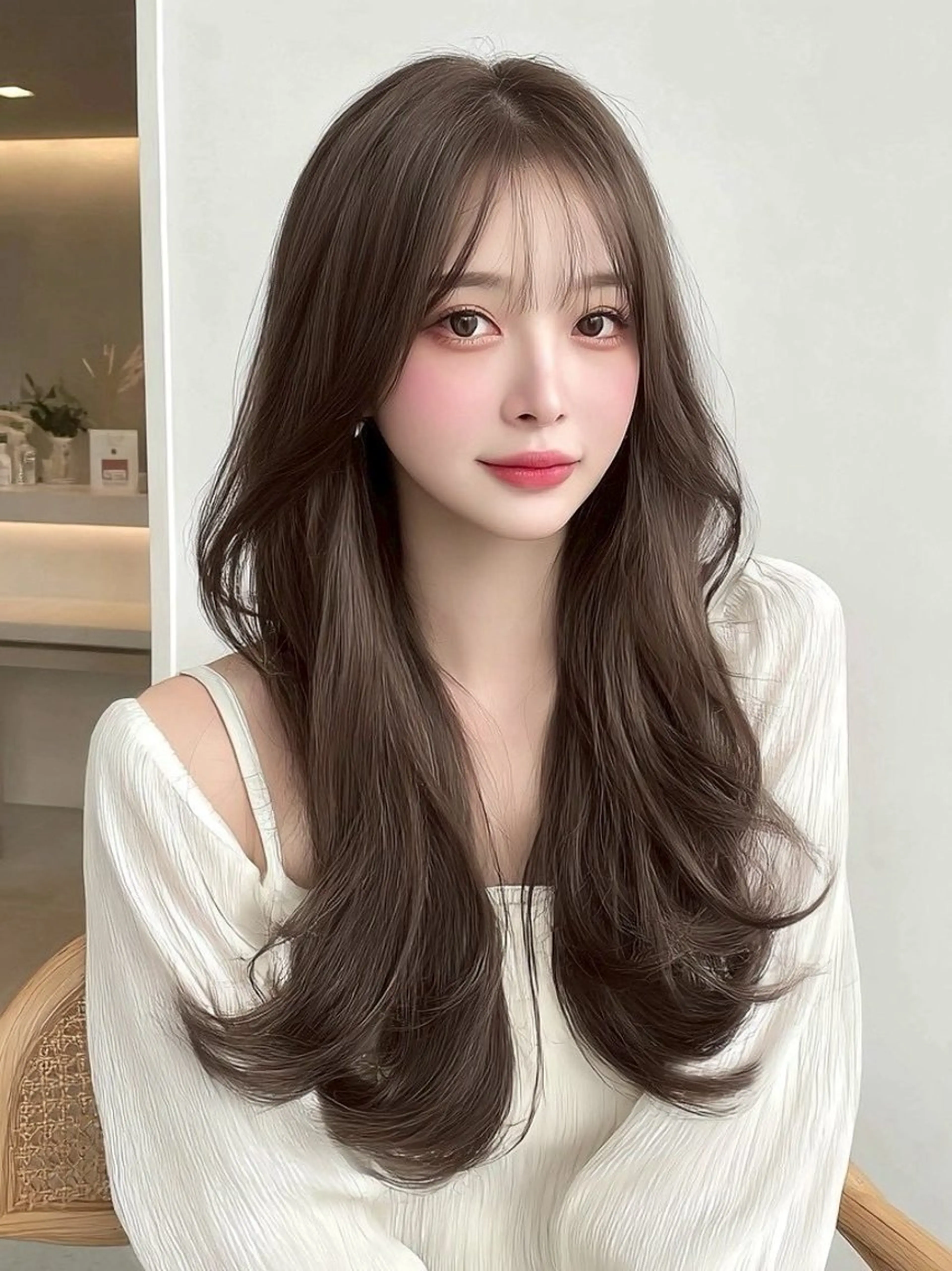 ロング カラー 透明感カラー くびれヘア 顔周りカット ヨシンモリ 韓国風ヘア カット ヘアカラー トリートメント 京都韓国ヘア🇰🇷 /髪質改善/透カラーのヘアスタイル