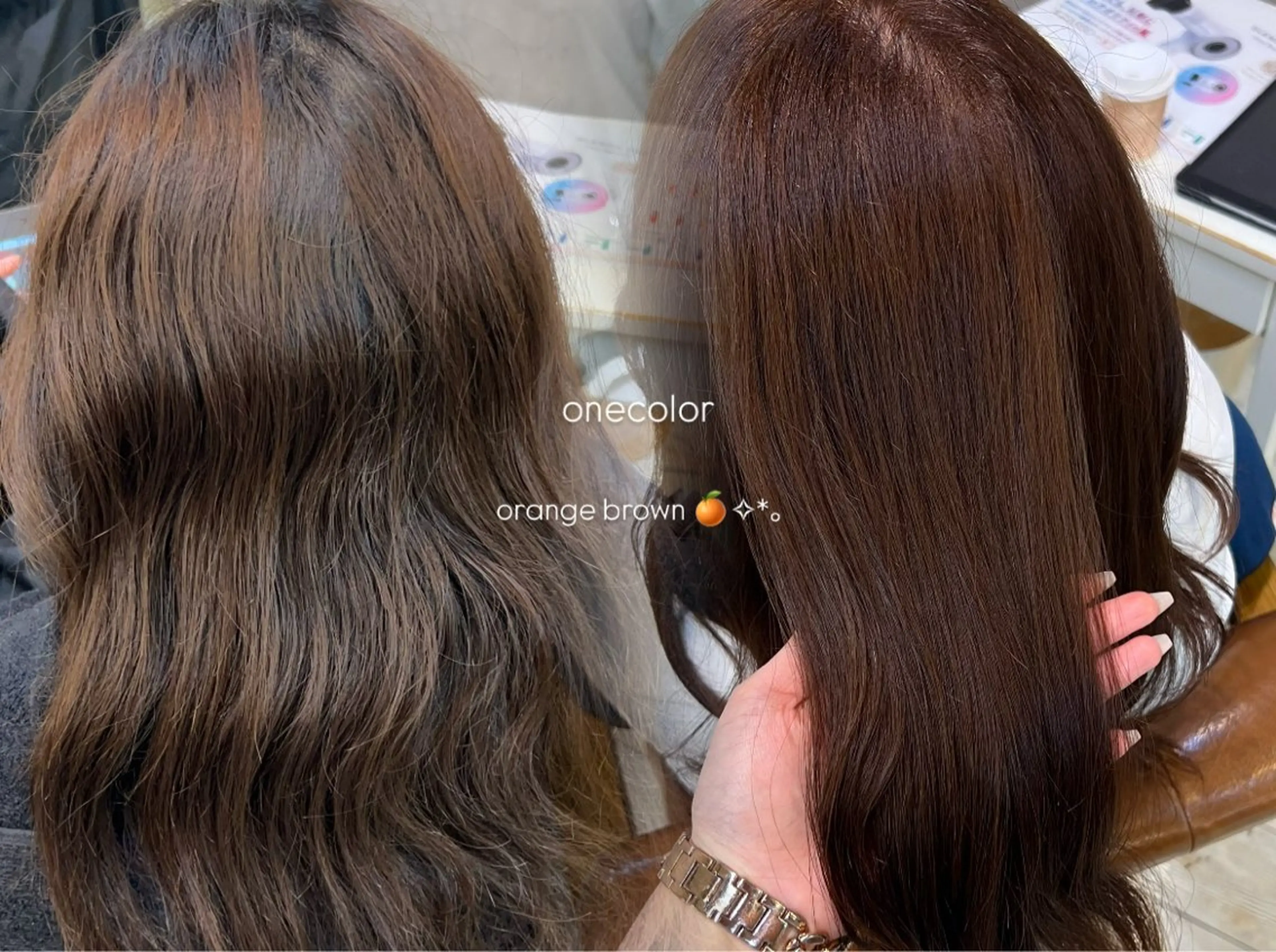 セミロング オレンジブラウン ヘアカラー トリートメント 近江流奈☆透明感カラ ー☆髪質改善☆のヘアスタイル