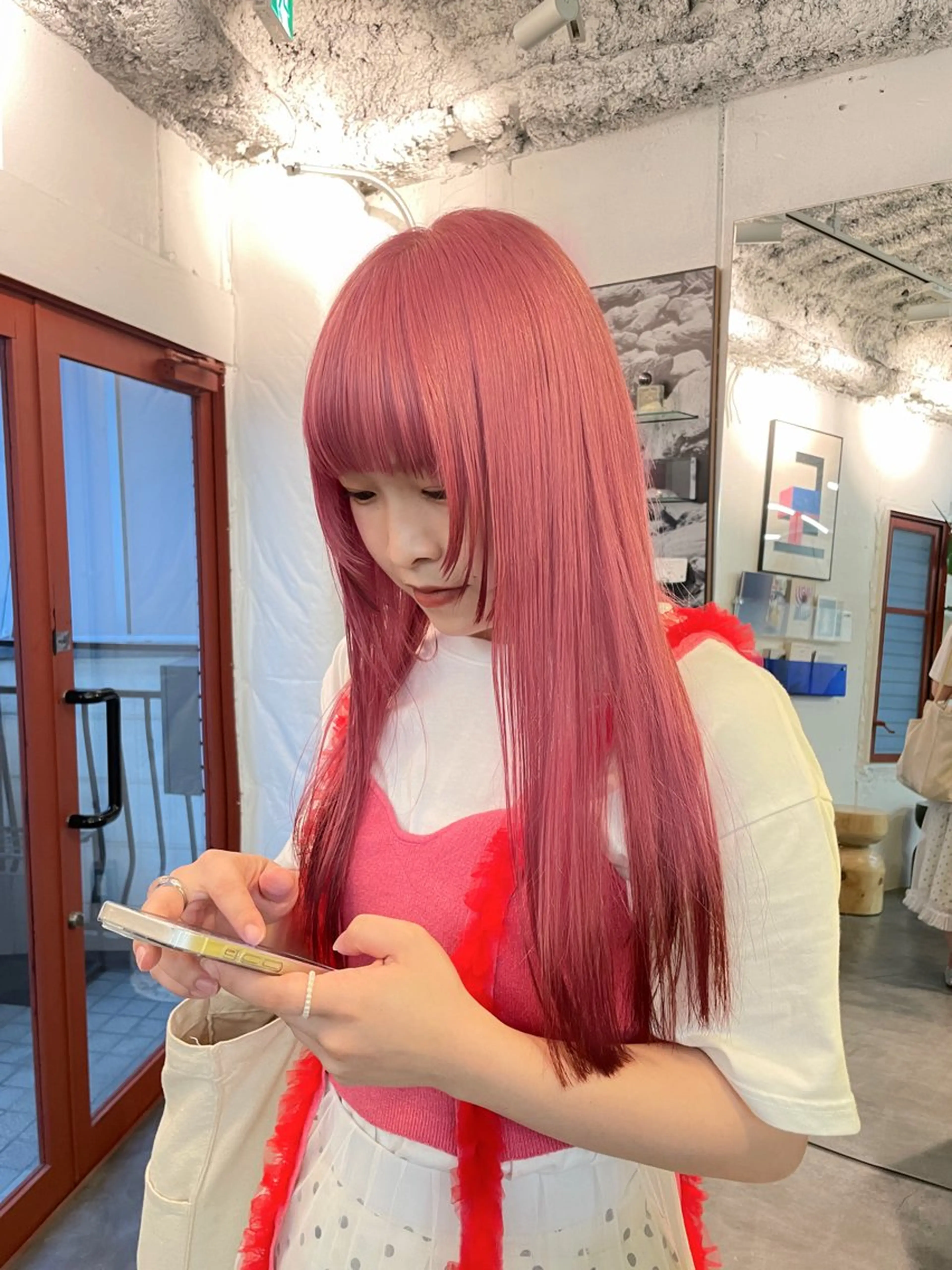 ロング カラー ヘアアレンジ デザインカラー レッドカラー ヘアカラー ハッシュカット/ 韓国ヘア☽⋰mahoのヘアスタイル