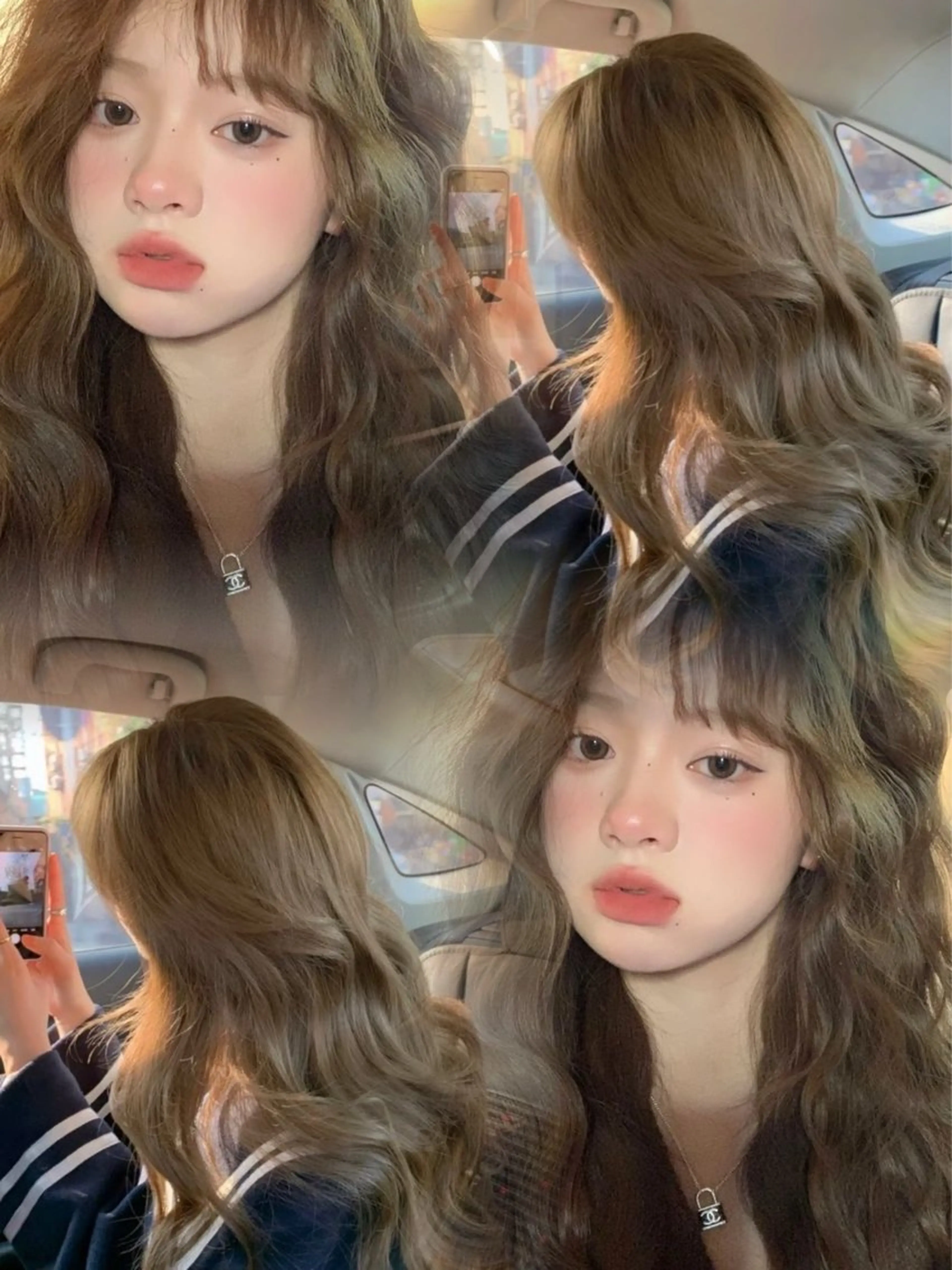 ロング ヘアカラー トリートメント 韓国ヘア/ブリーチ無 しWカラー/オリーブのヘアスタイル