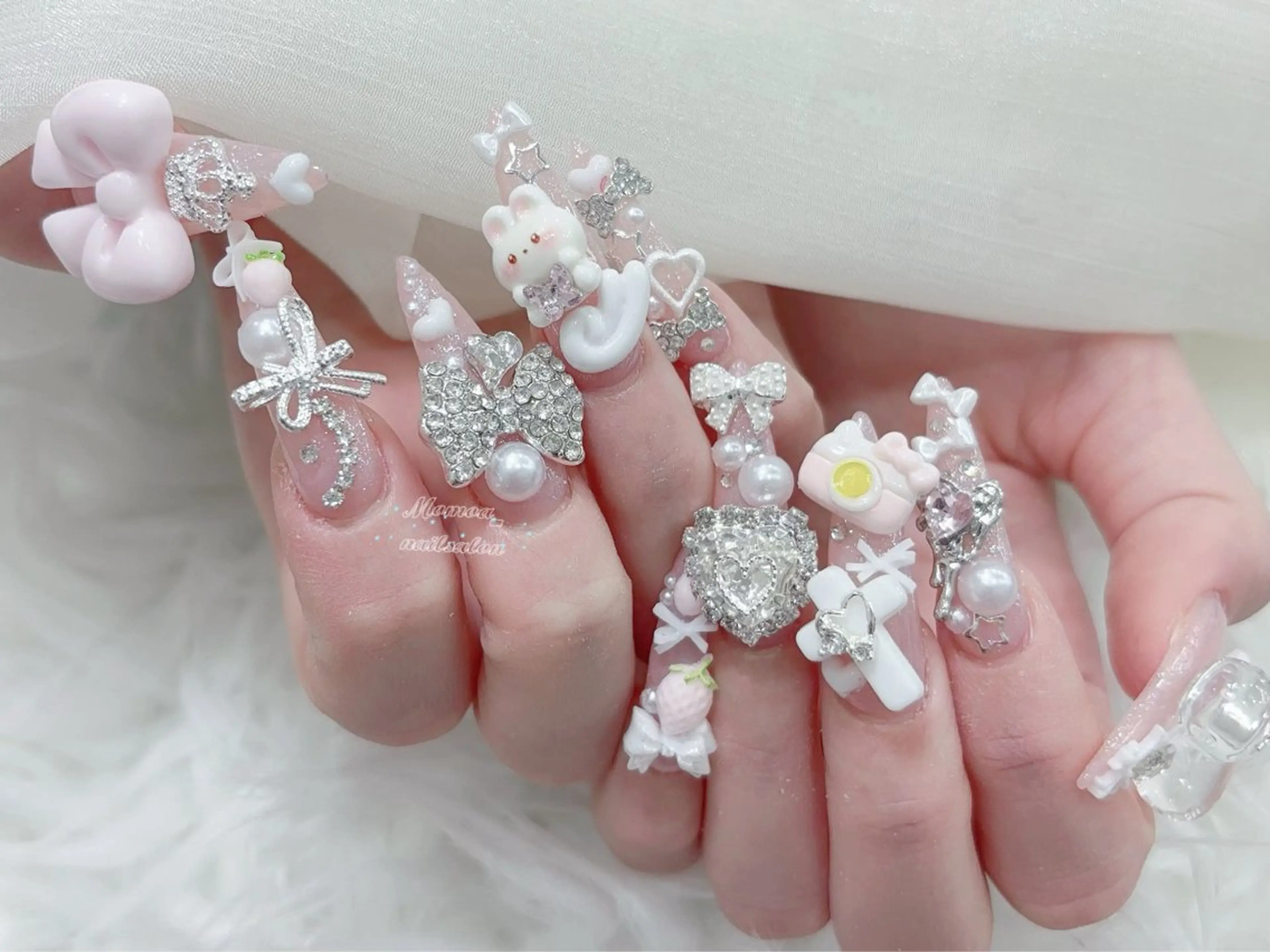 ネイル 成人式 大理石ネイル(マーブル) リボン 夏ネイル ネイルチップ ハンドネイル MoMoA Nail ネイル長さ出し専門店のネイルデザイン