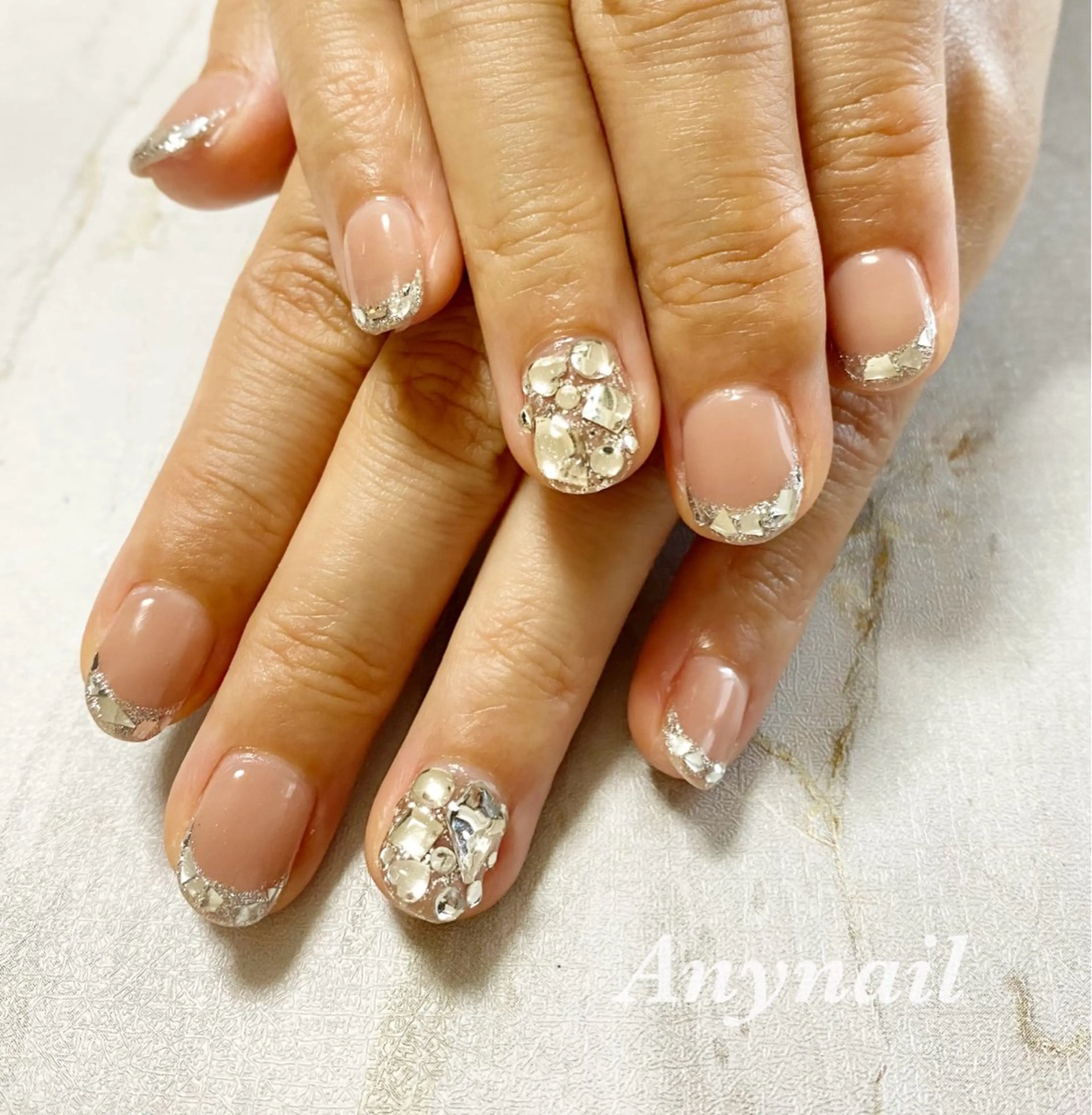 ネイル ブルー フレンチネイル ガラスフレンチ キラキラネイル ショートネイル 岩澤 恵子のネイルデザイン