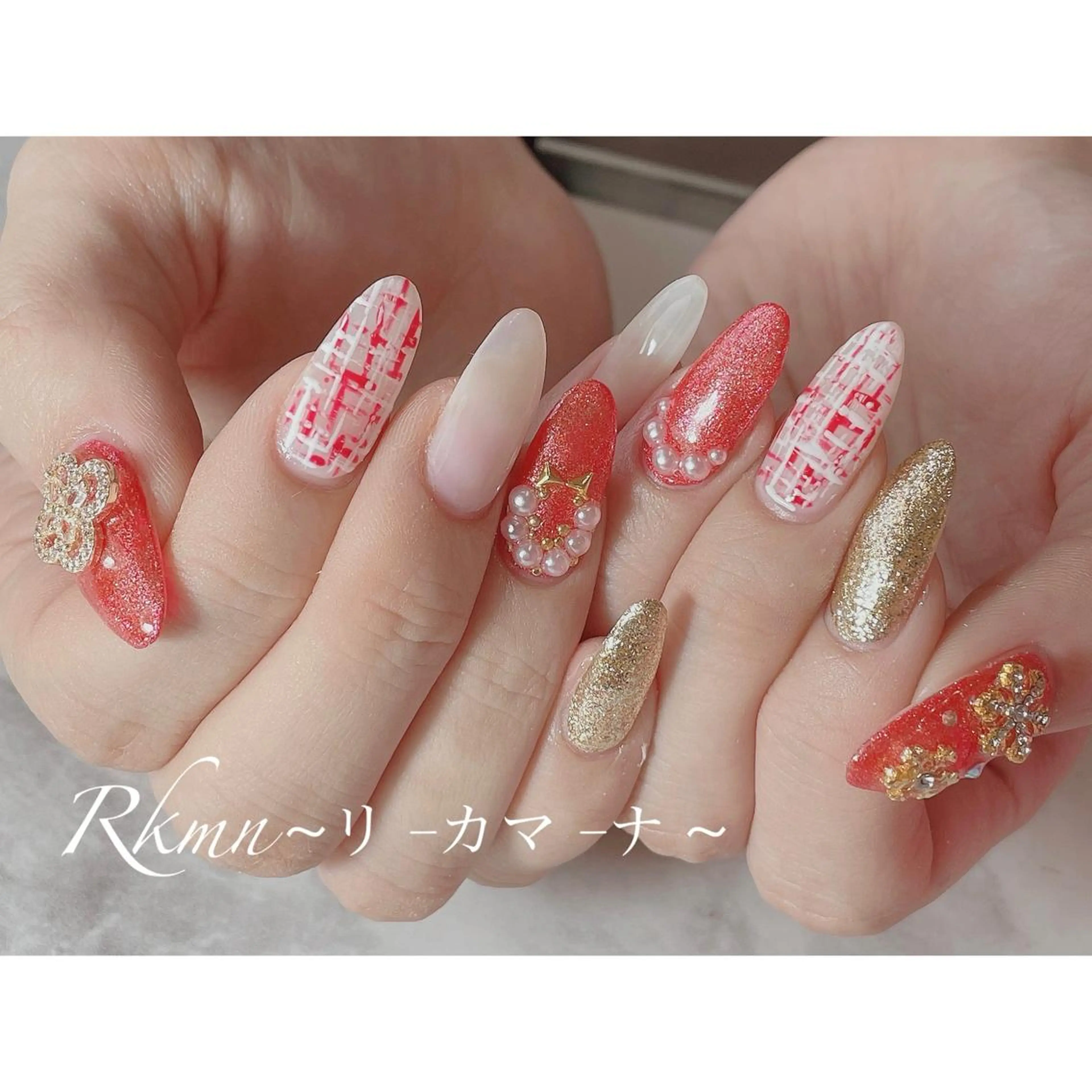 ネイル アートネイル 春ネイル ツイードネイル ハンドネイル フットネイル ハンドケア Rkmn ~リ-カマ-ナ~のネイルデザイン