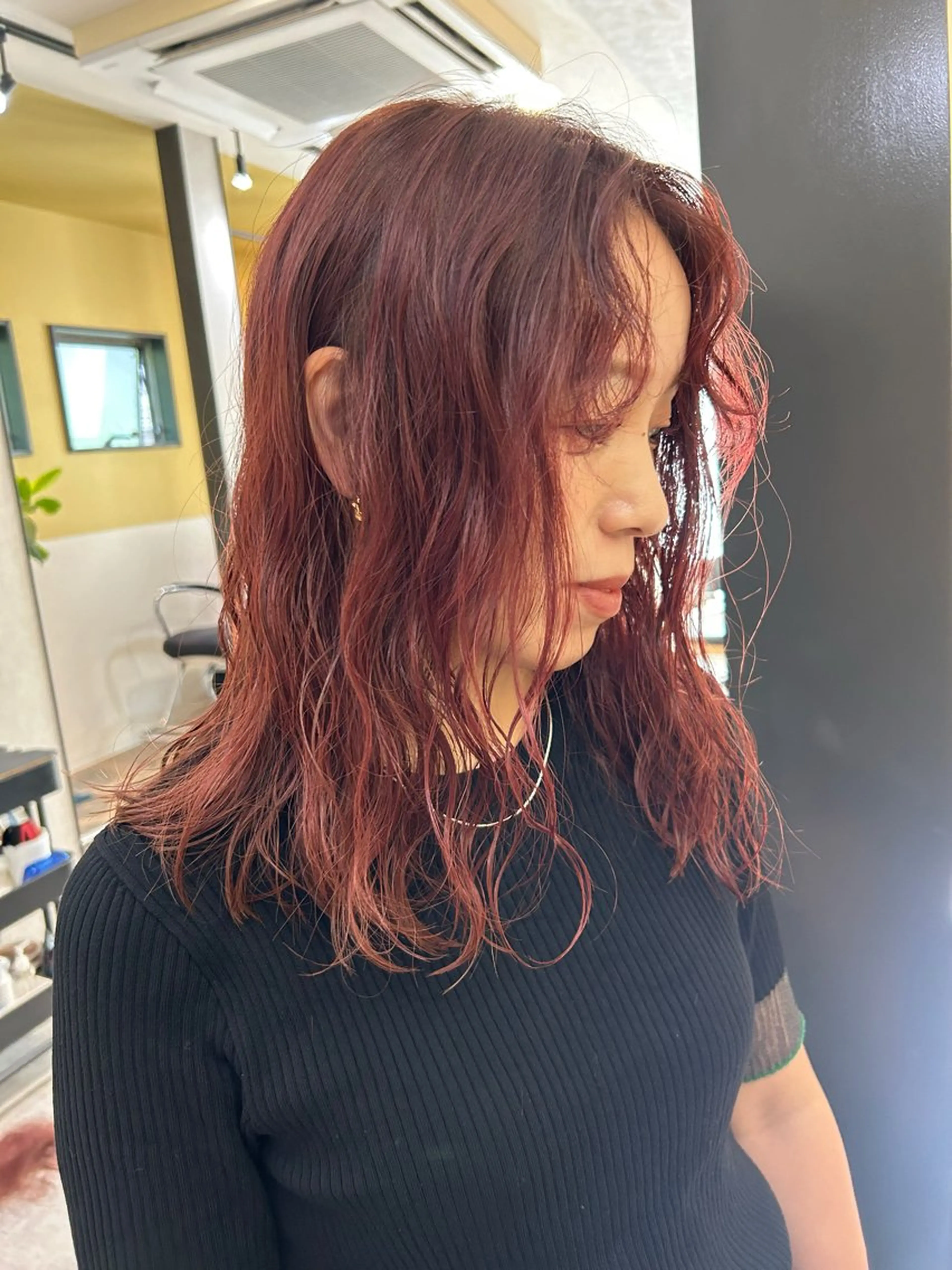 セミロング カラー パーマ セミロングパーマ レッドカラー カット パーマ hub hair レイヤー/透明感のヘアスタイル