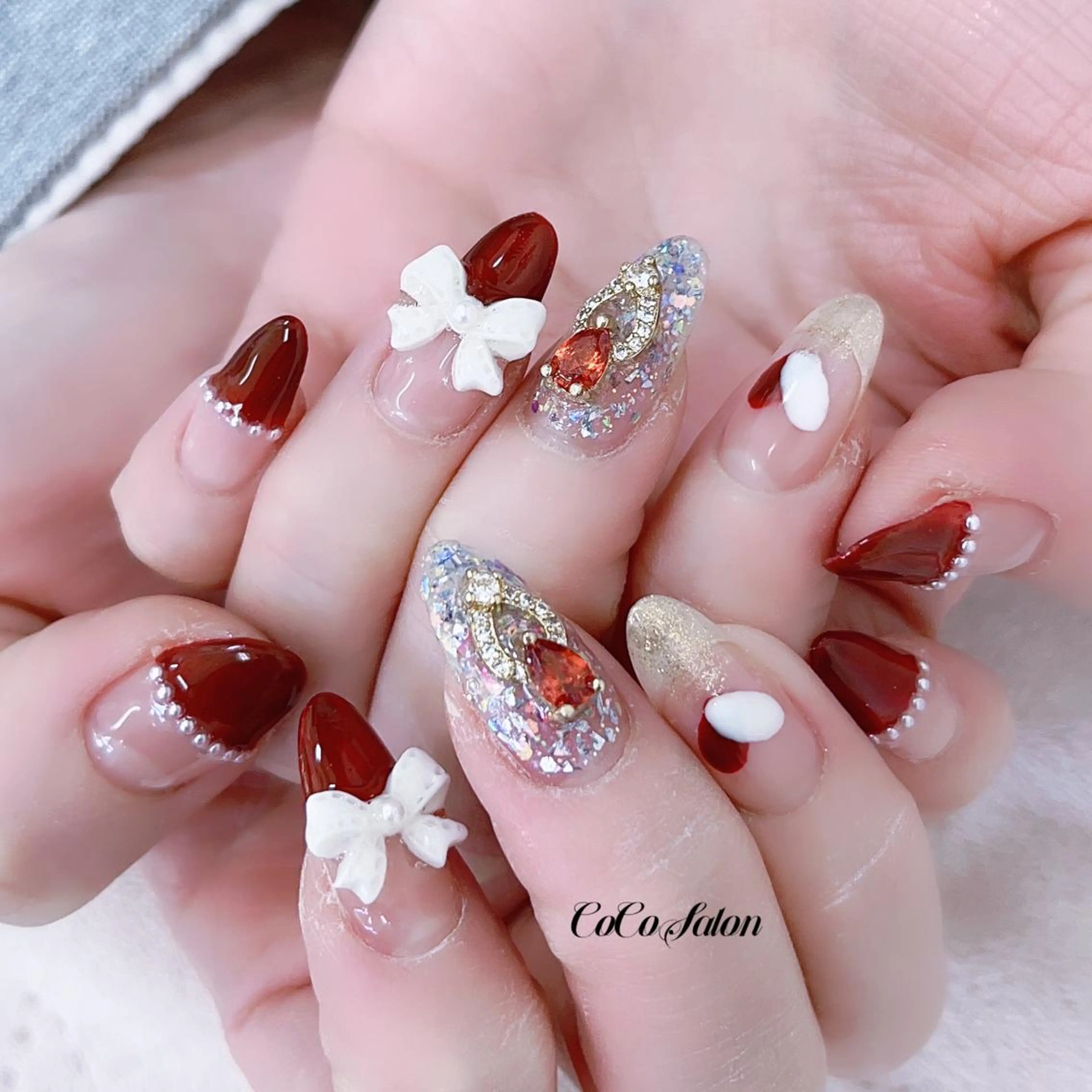 ネイル ボルドー 長さ出し フレンチネイル ジェルネイル ハート ハンドネイル CoCoSalon ネイル/まつ毛予約のネイルデザイン