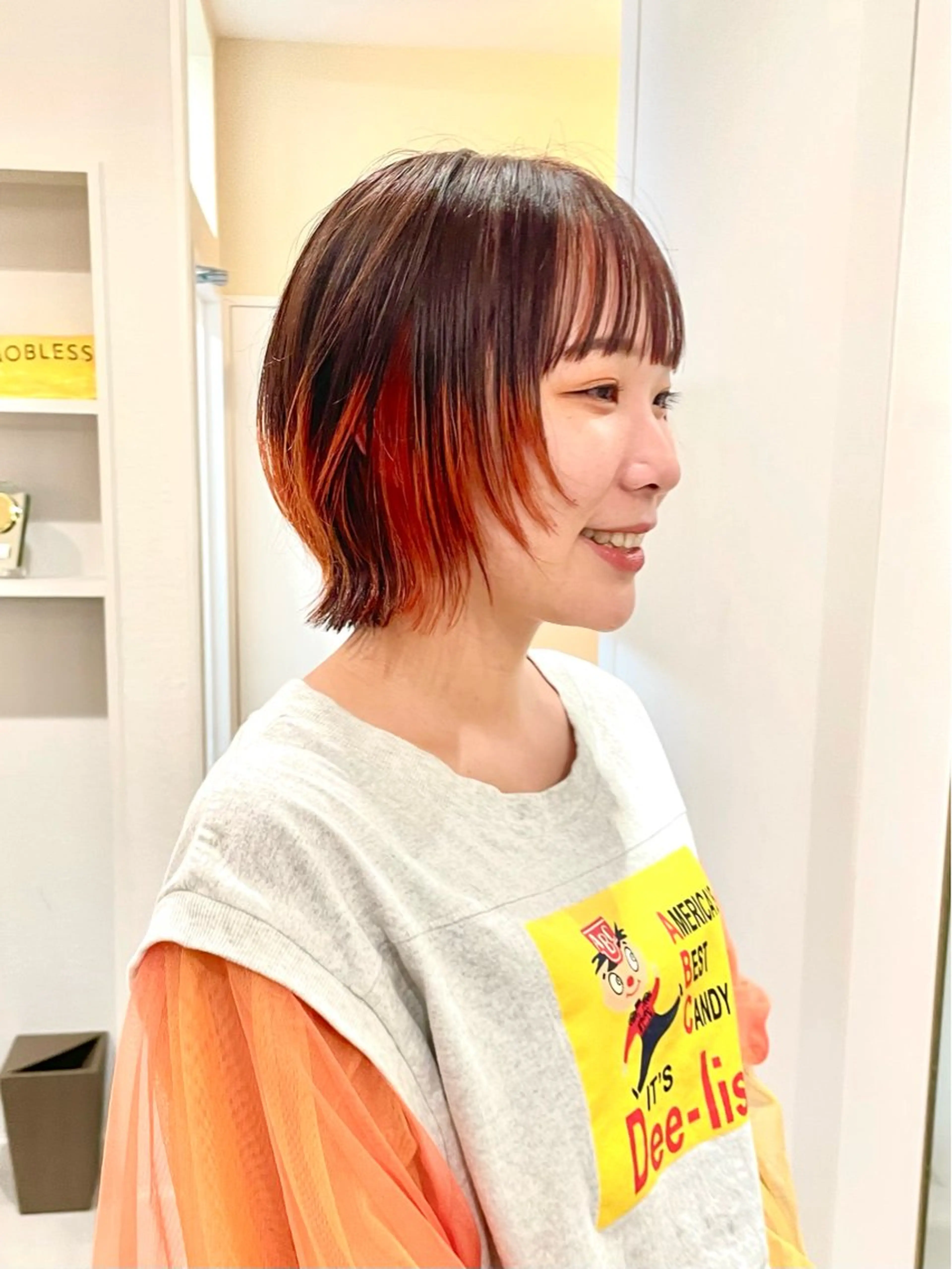 ミディアム カラー デザインカラー オレンジ ボブ ウルフカット ウルフボブ カット ヘアカラー トリートメント ハイトーン/レイヤー /ウルフ⭐️永田⭐️のヘアスタイル