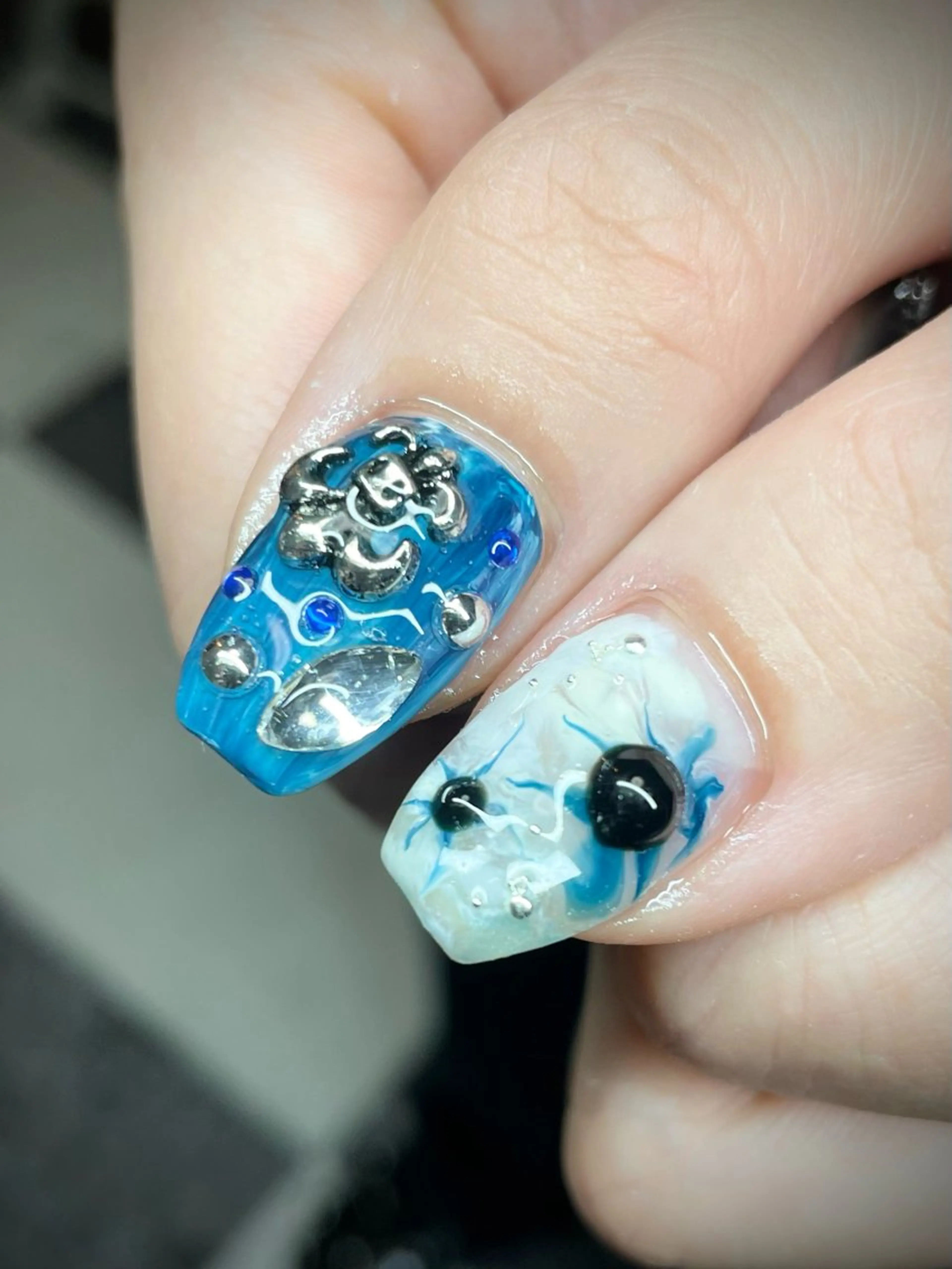 ネイル アートネイル ブルー シルバー シンプルネイル ハンドネイル posa nail モエミのネイルデザイン