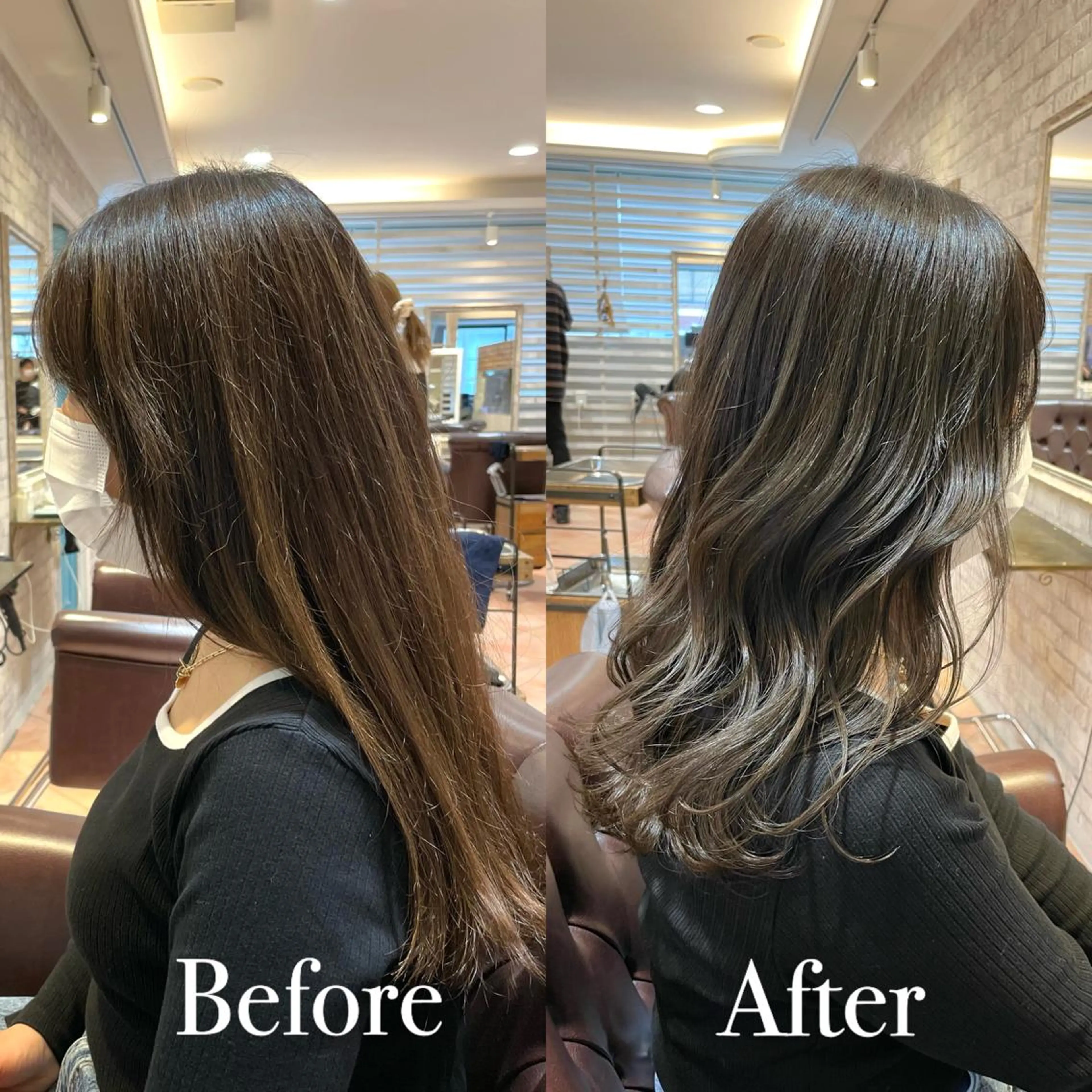 セミロング カラー ブリーチ 透明感カラー グラデーションカラー グレージュ ハイライトカラー ヘアカラー トリートメント アオガミ （前髪顔周りカット）のヘアスタイル