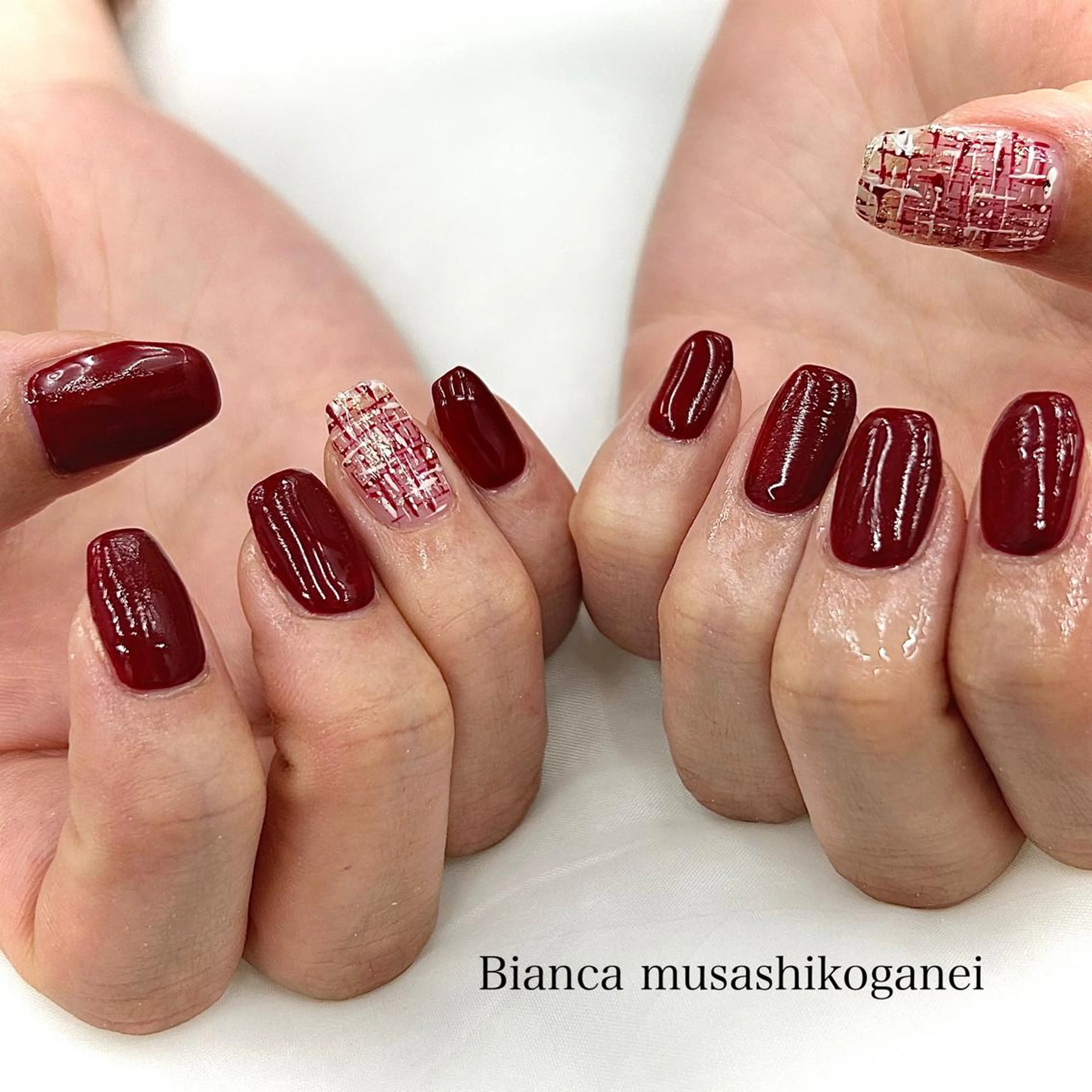 ネイル 赤色 ツイードネイル ビアンカ武蔵小金井 ほしののネイルデザイン