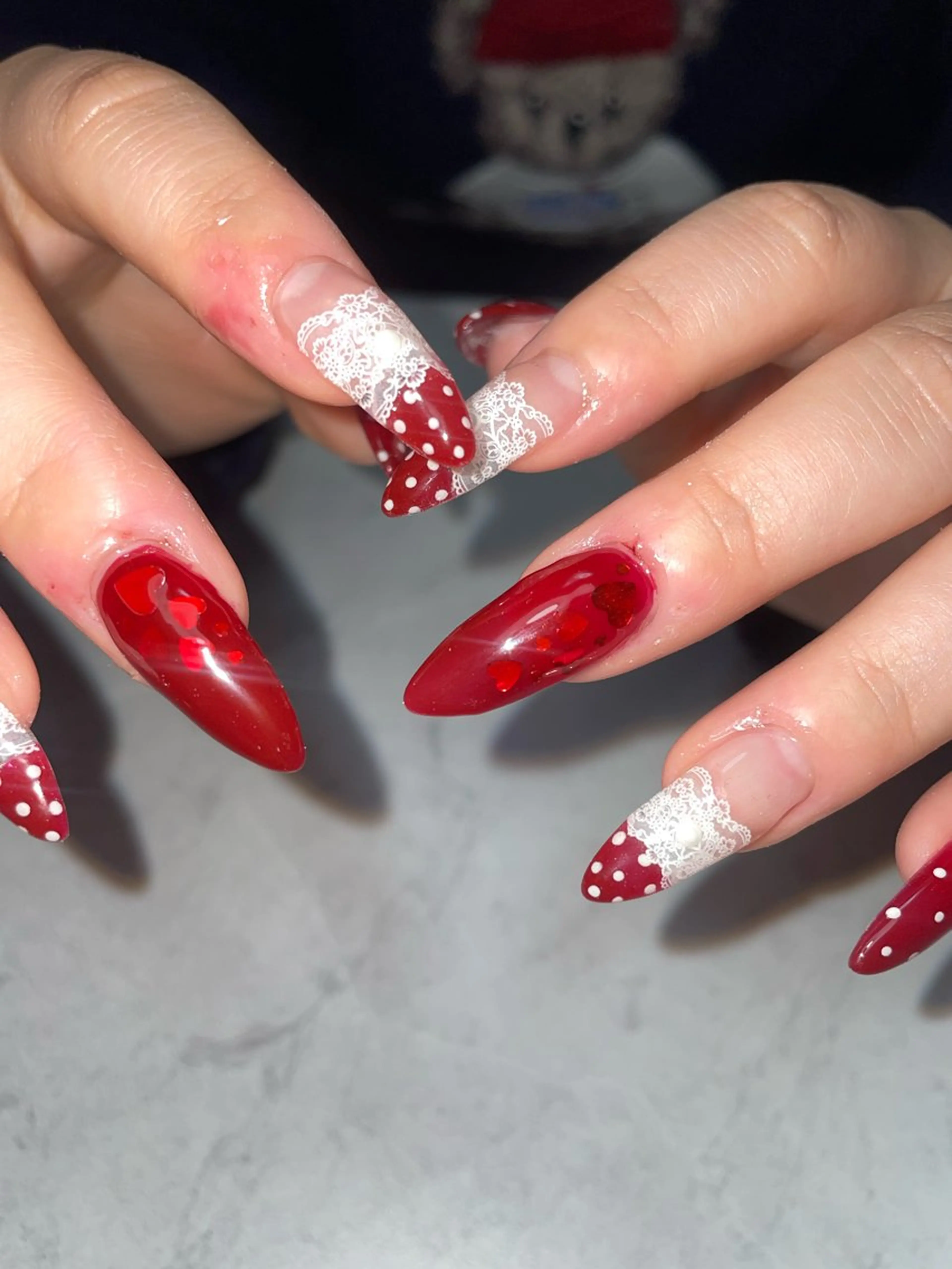 ネイル ドット ガーリー ハート 韓国ネイル レース ハンドネイル miinail miyuuのネイルデザイン