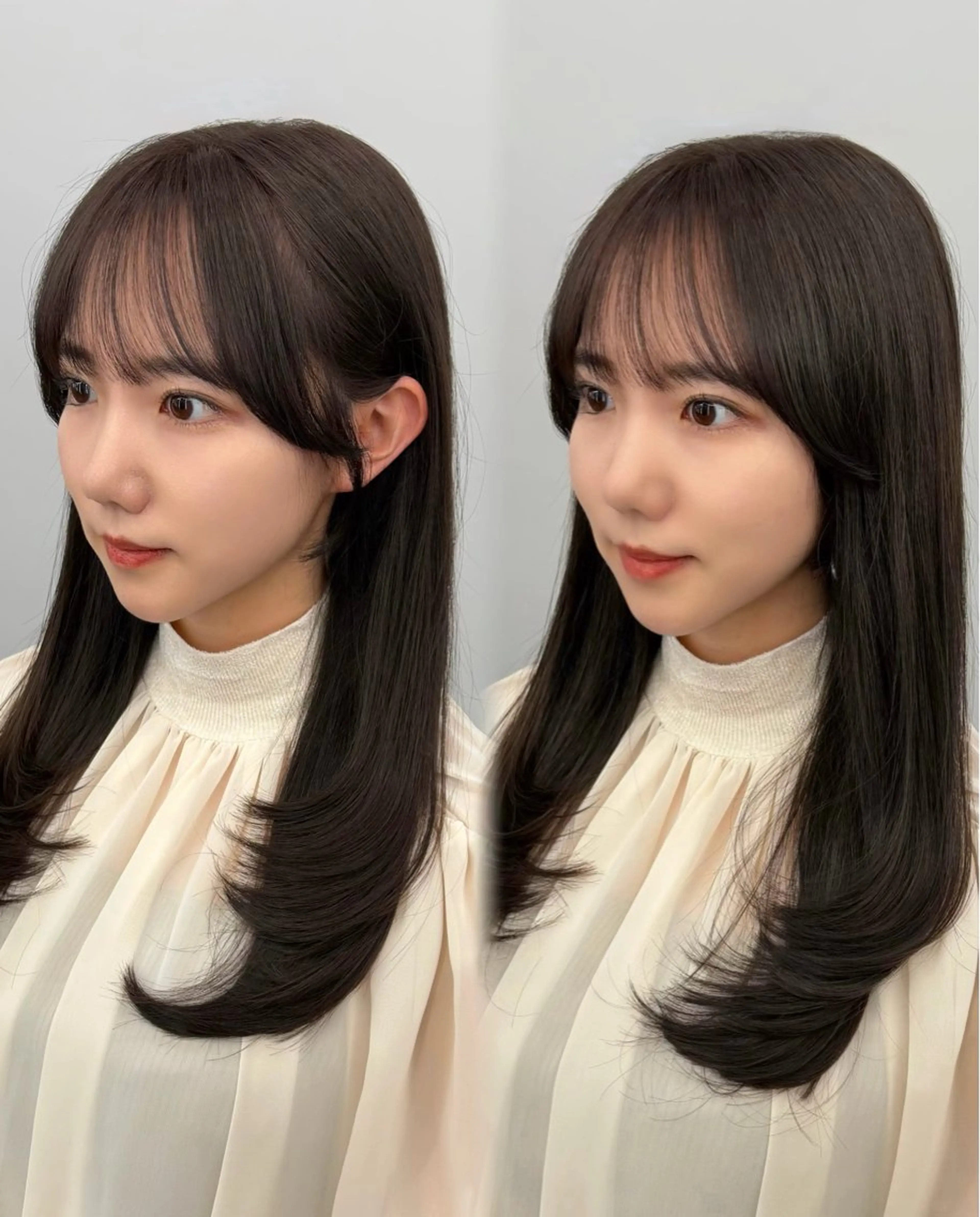 セミロング ラベンダーベージュ 顔周りカット レイヤーカット シースルーバング 小顔カット カット ヘアカラー トリートメント 🧡くびれヘア/前髪 顔周り🧡久原結衣のヘアスタイル