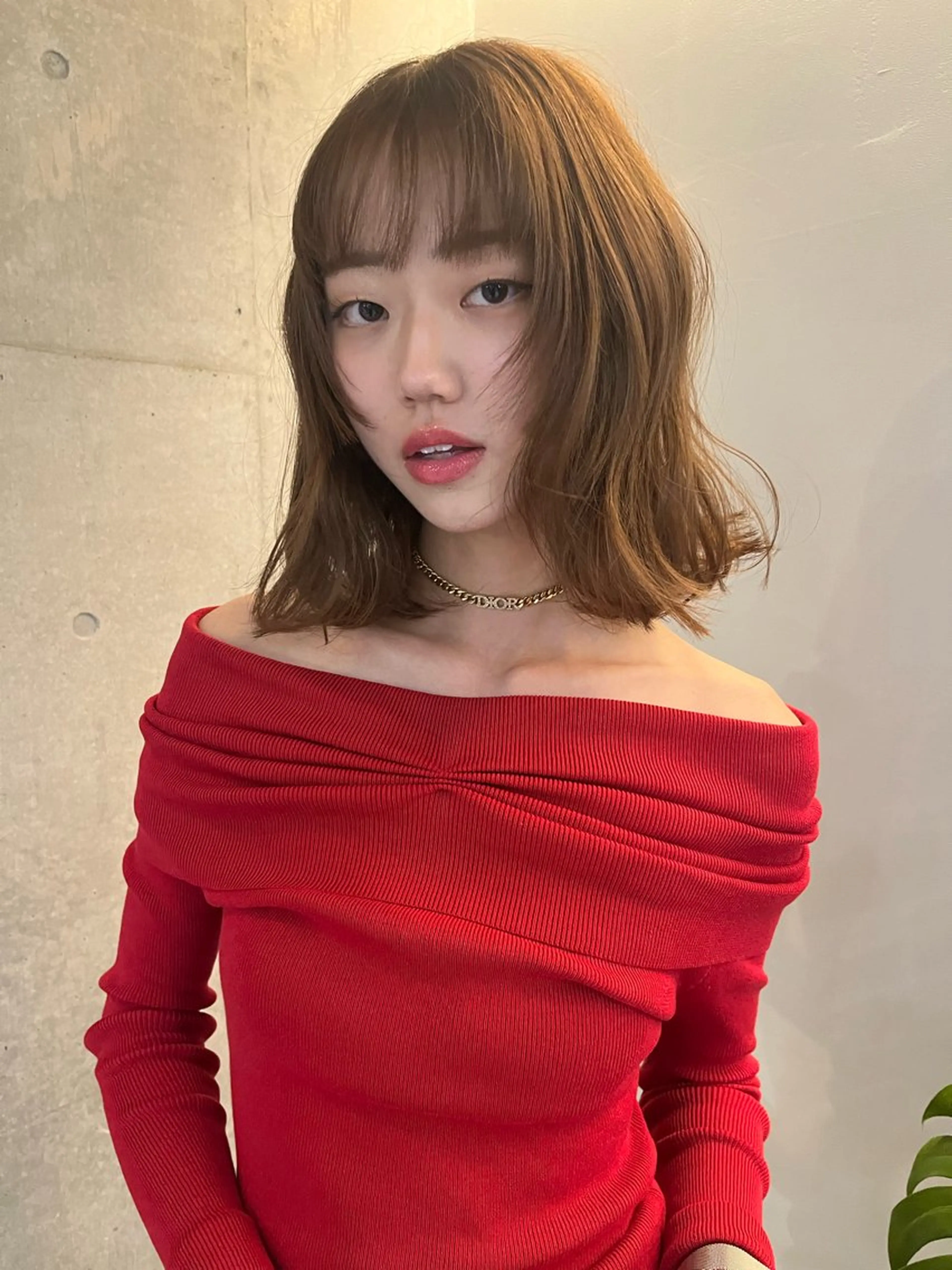 ミディアム ミディアムレイヤー アッシュ オレンジブラウン ボブ 顔まわりレイヤー カット ヘアカラー レイヤーカット\ウル フ　chinatsuのヘアスタイル