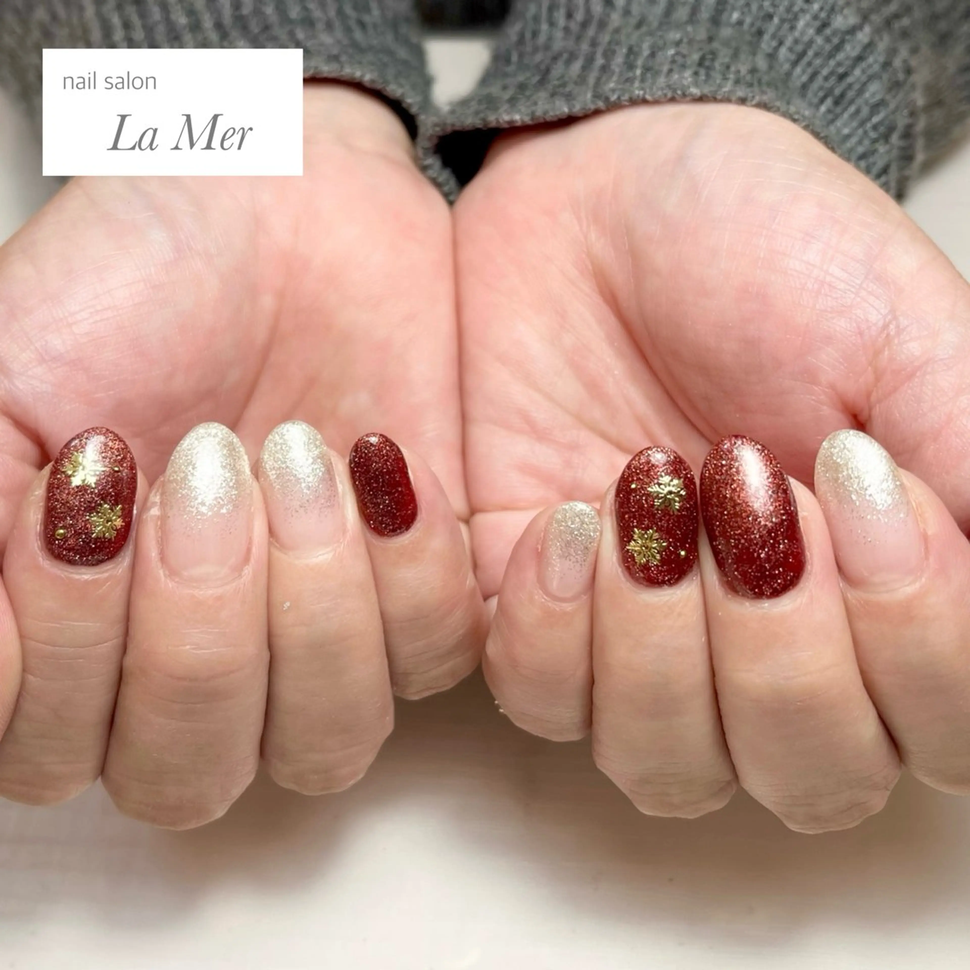 ネイル ボルドー グラデーション マグネットネイル シルバー 冬ネイル ハンドネイル nailsalon La Merのネイルデザイン