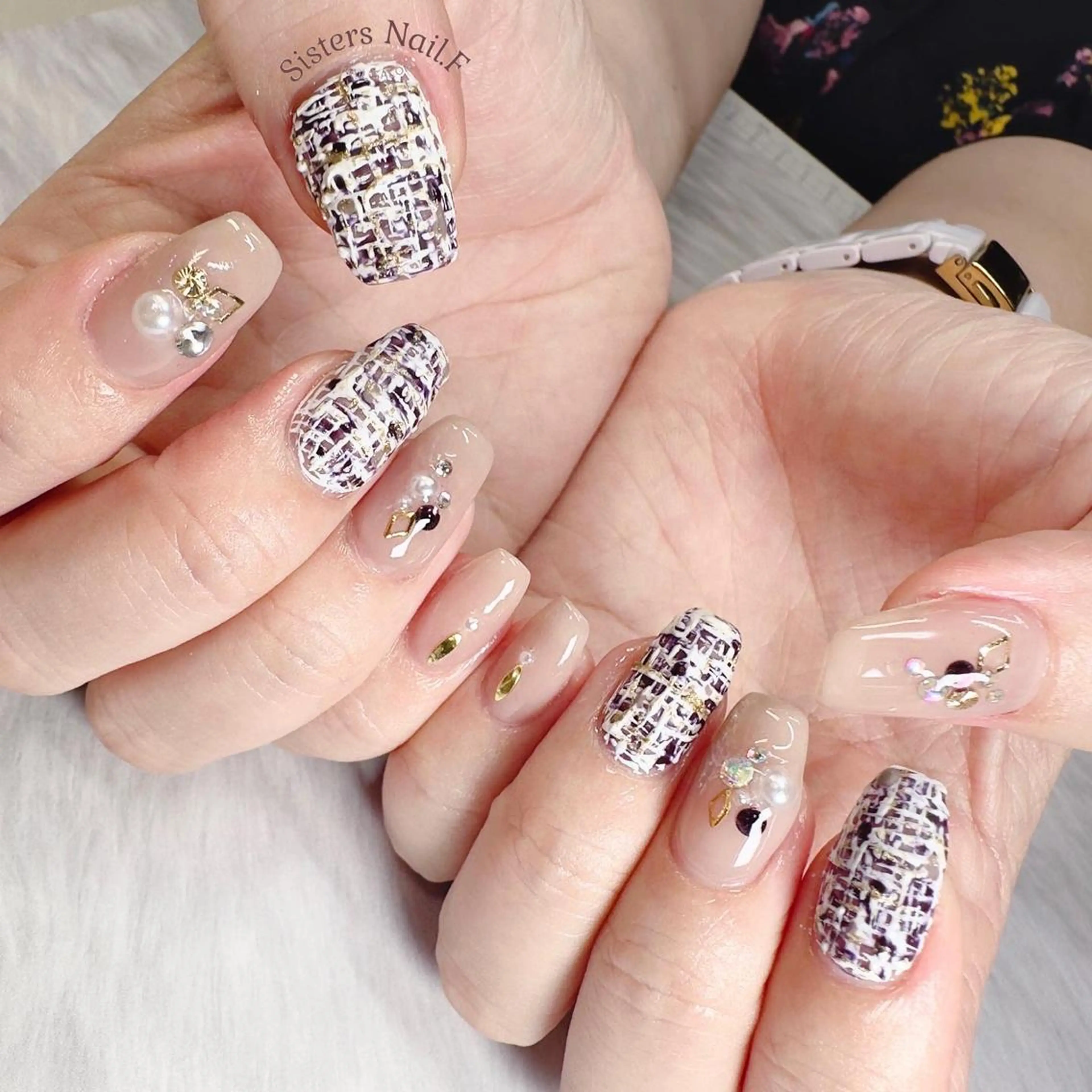 ネイル アートネイル マットネイル パープル ツイードネイル ホワイト sisters nail.fのネイルデザイン