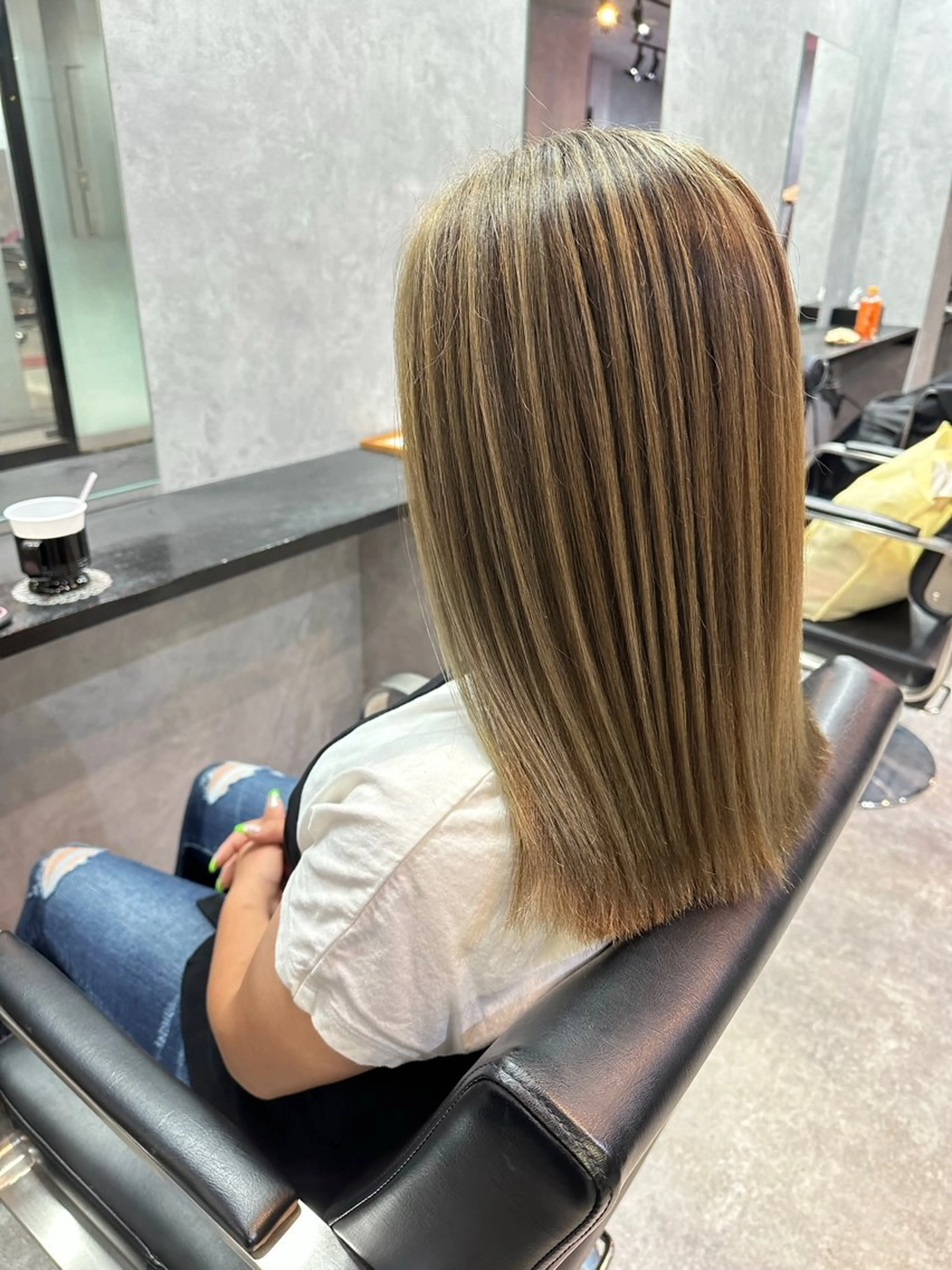 セミロング セミロングパーマ ミストバング ハイライト 髪質改善 ヨシンモリ HAIR SMILE COEURのヘアスタイル