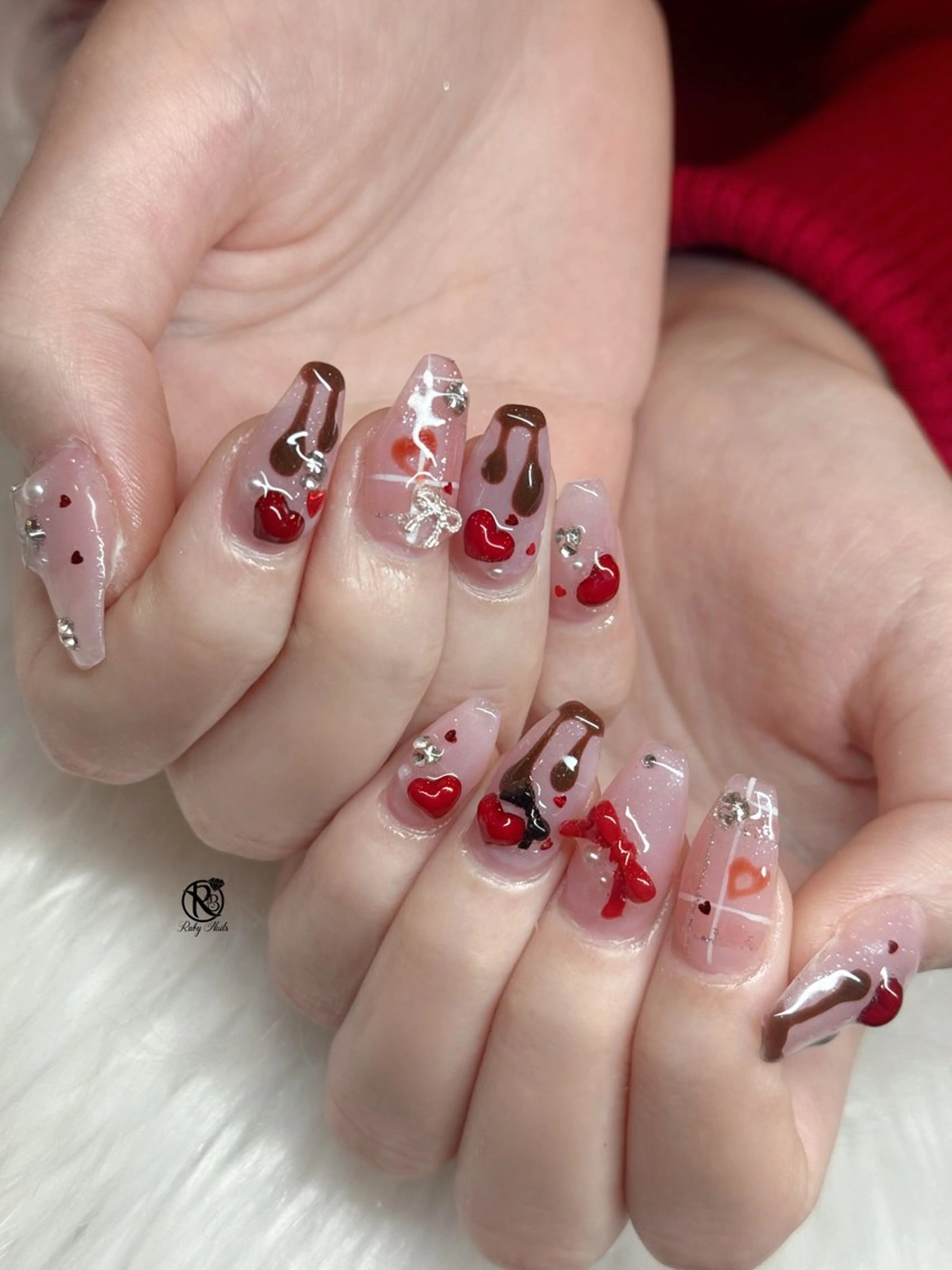 ネイル ボルドー ブラウン チークネイル ドット フットネイル ハンドネイル CHERRYネイルサロン所属・チェリネイルサロン 霞ヶ関のネイルデザイン