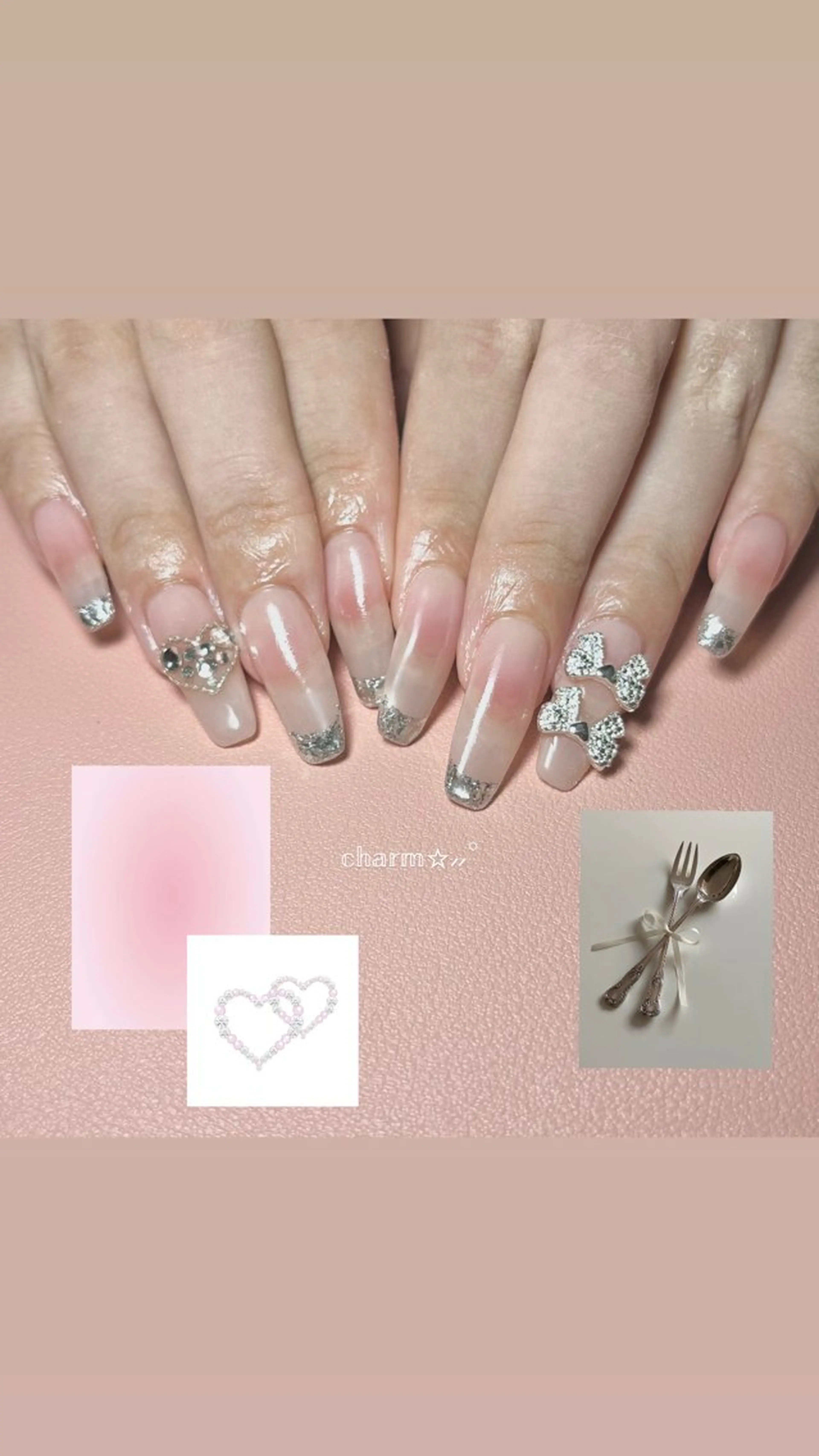 ネイル チークネイル フレンチネイル ガラスフレンチ ハート nail salon charmのネイルデザイン