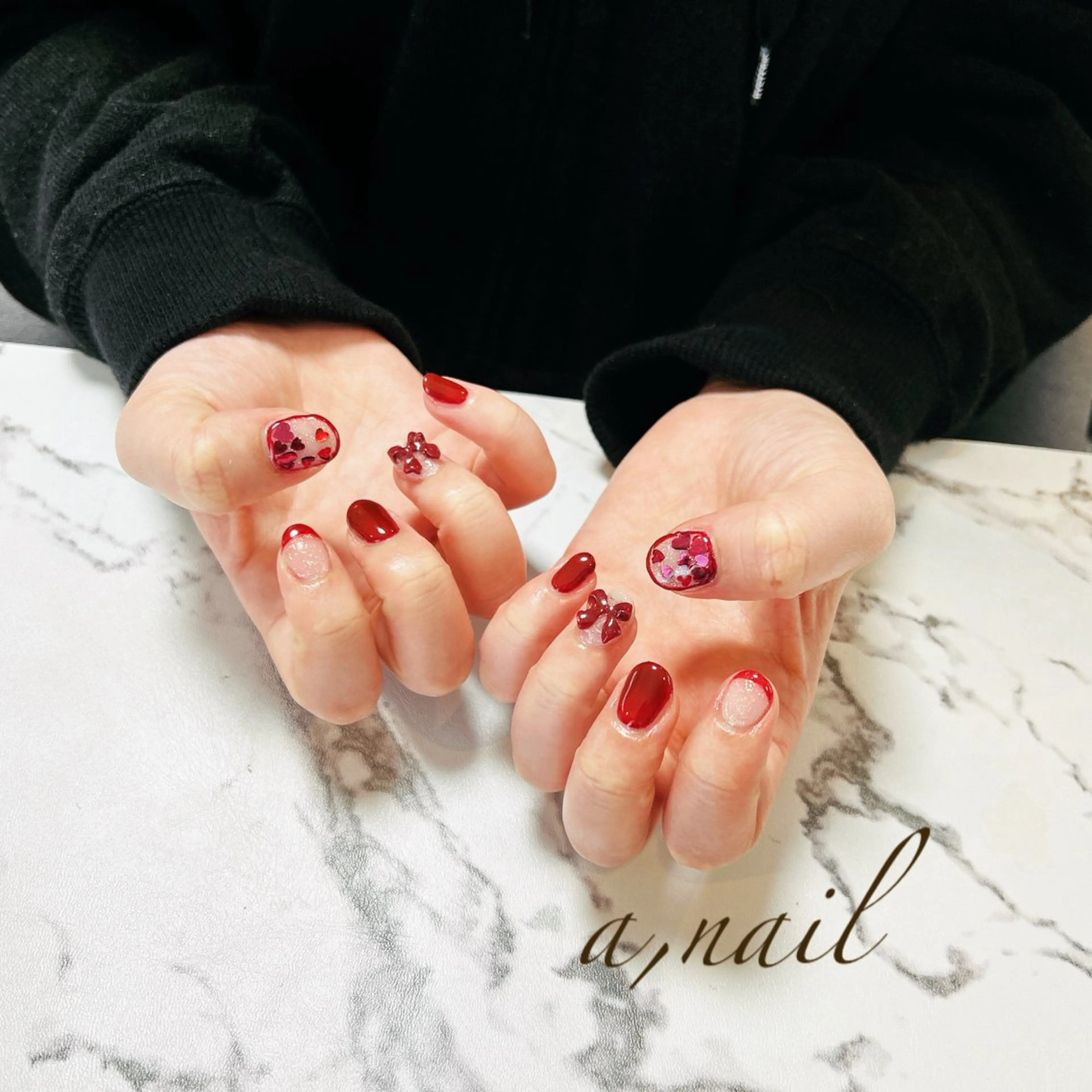 ネイル フレンチネイル ハート リボン シンプルネイル ハンドネイル ネイルサロン エーネイルのネイルデザイン