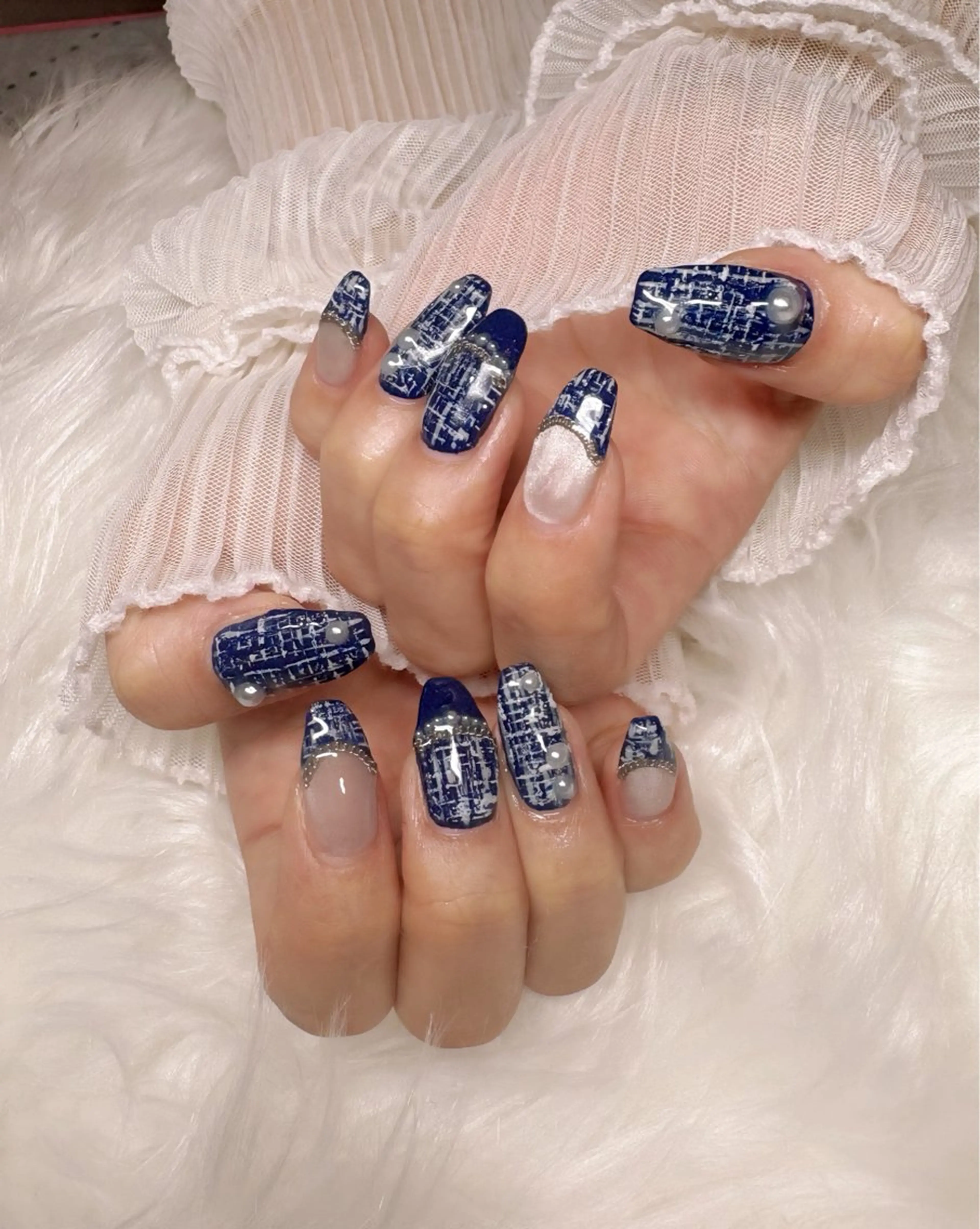 ネイル ブルー ツイードネイル ハンドネイル Nail Salon macherieのネイルデザイン