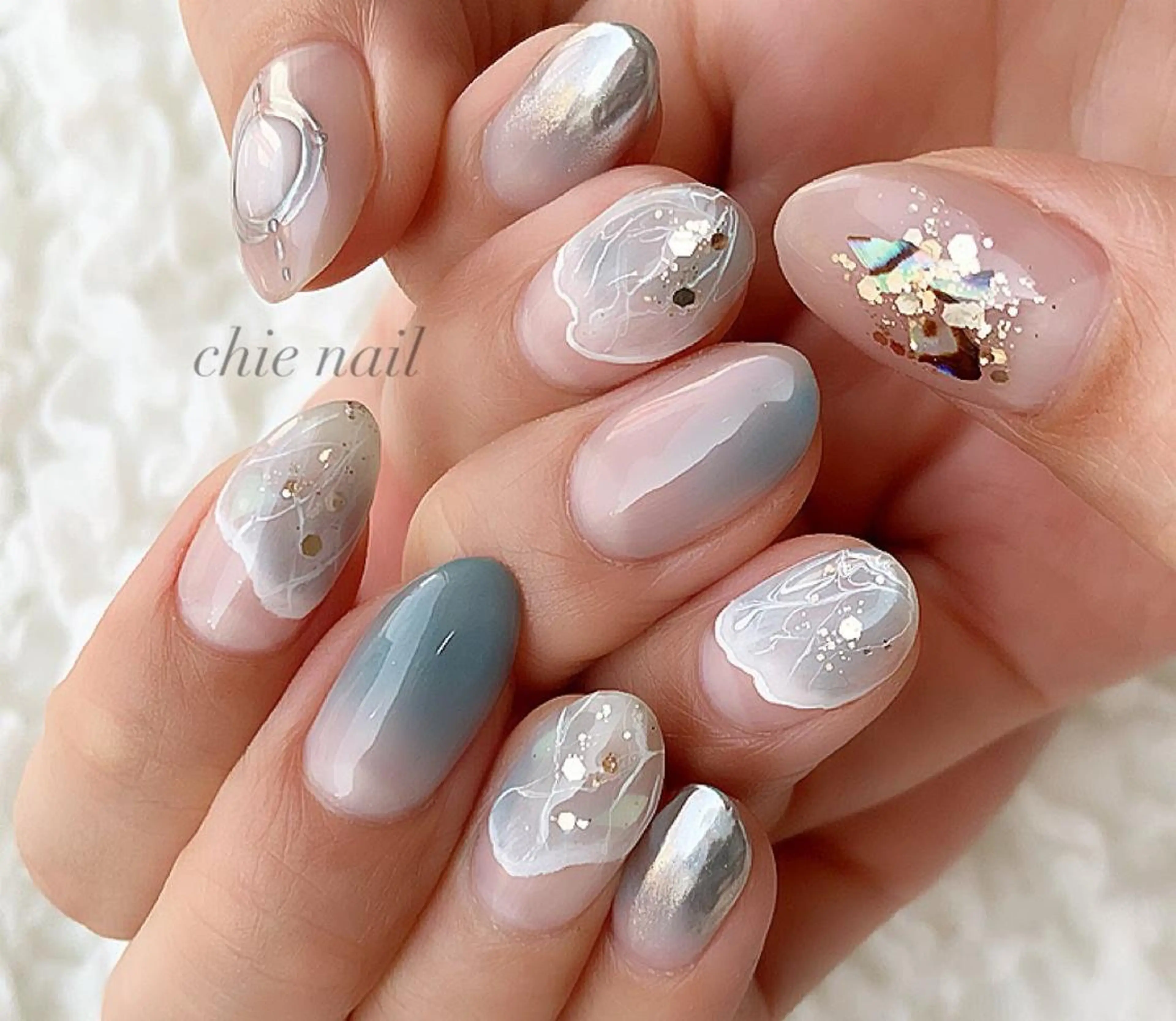 ネイル ブルー 持ち込み ニュアンスネイル ハンドネイル 森ノ宮❤︎ chieのネイルデザイン