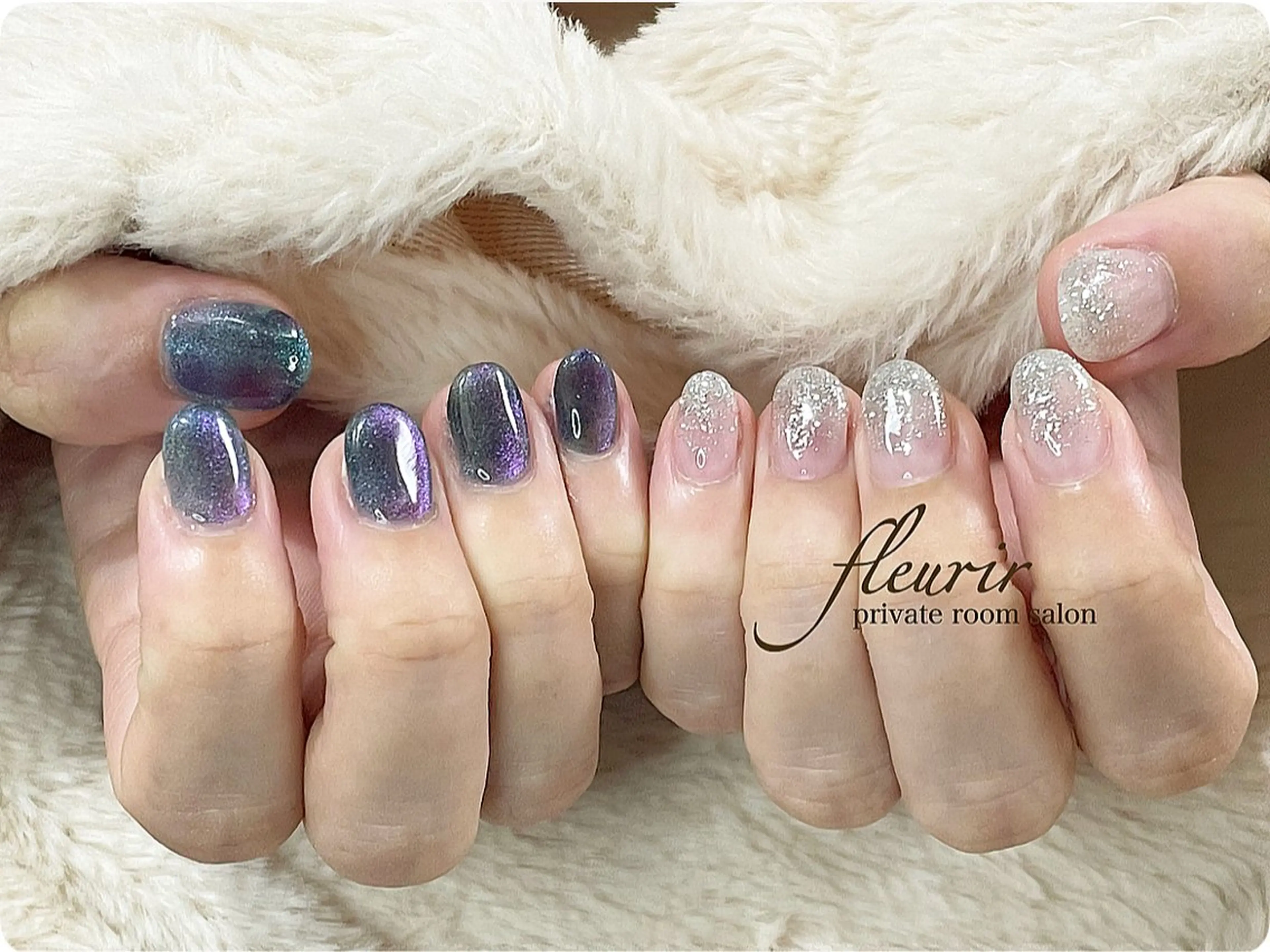 ネイル ブルー グリーン マグネットネイル フルリール 【プライベートサロンのネイルデザイン