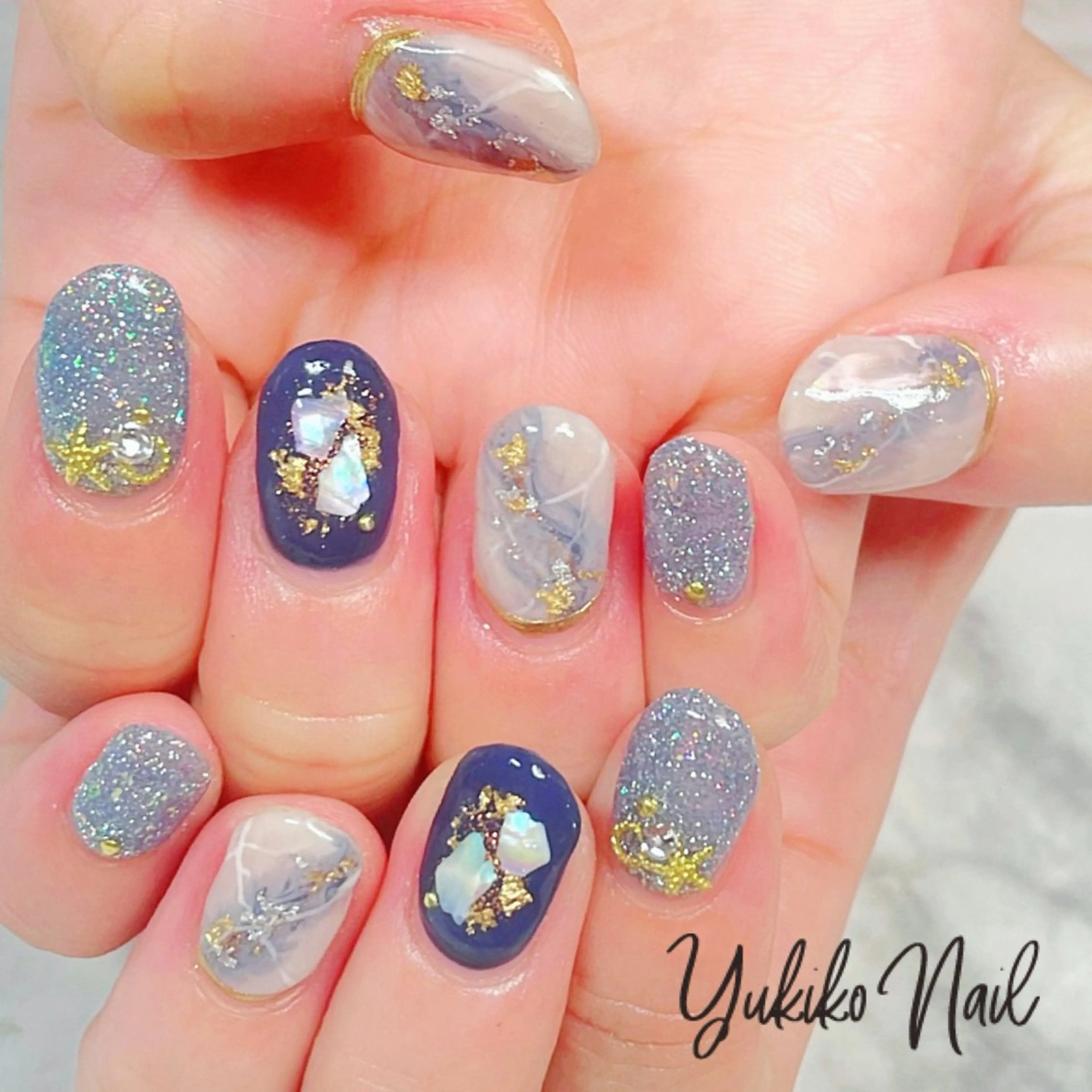 ネイル ブルー 大理石ネイル(マーブル) ネイビー ニュアンスネイル 夏ネイル ハンドネイル ユキコ ネイルのネイルデザイン