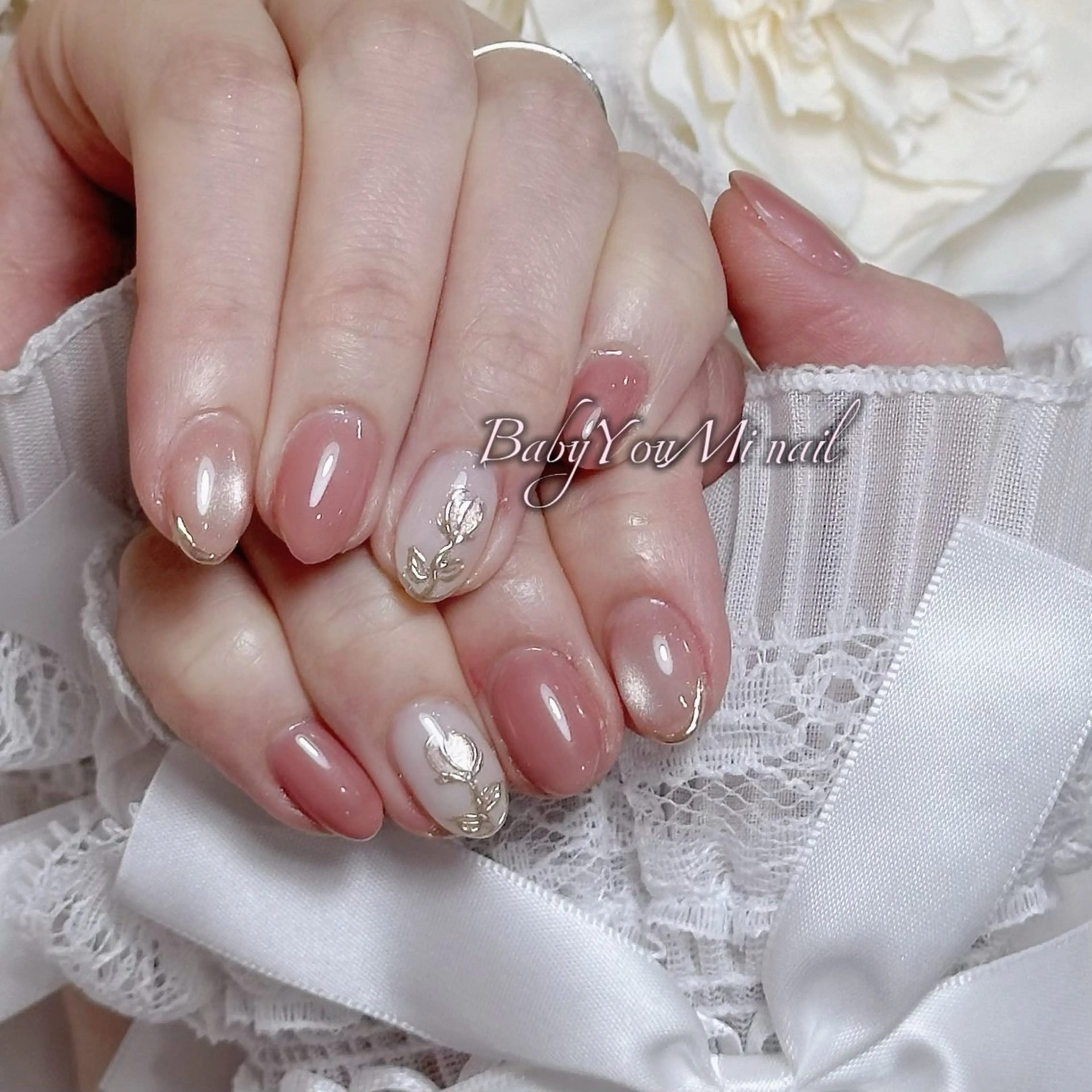 ネイル フラワーネイル フレンチネイル ジェルネイル ガラスフレンチ ハート ハンドネイル Oomiya 服部のネイルデザイン