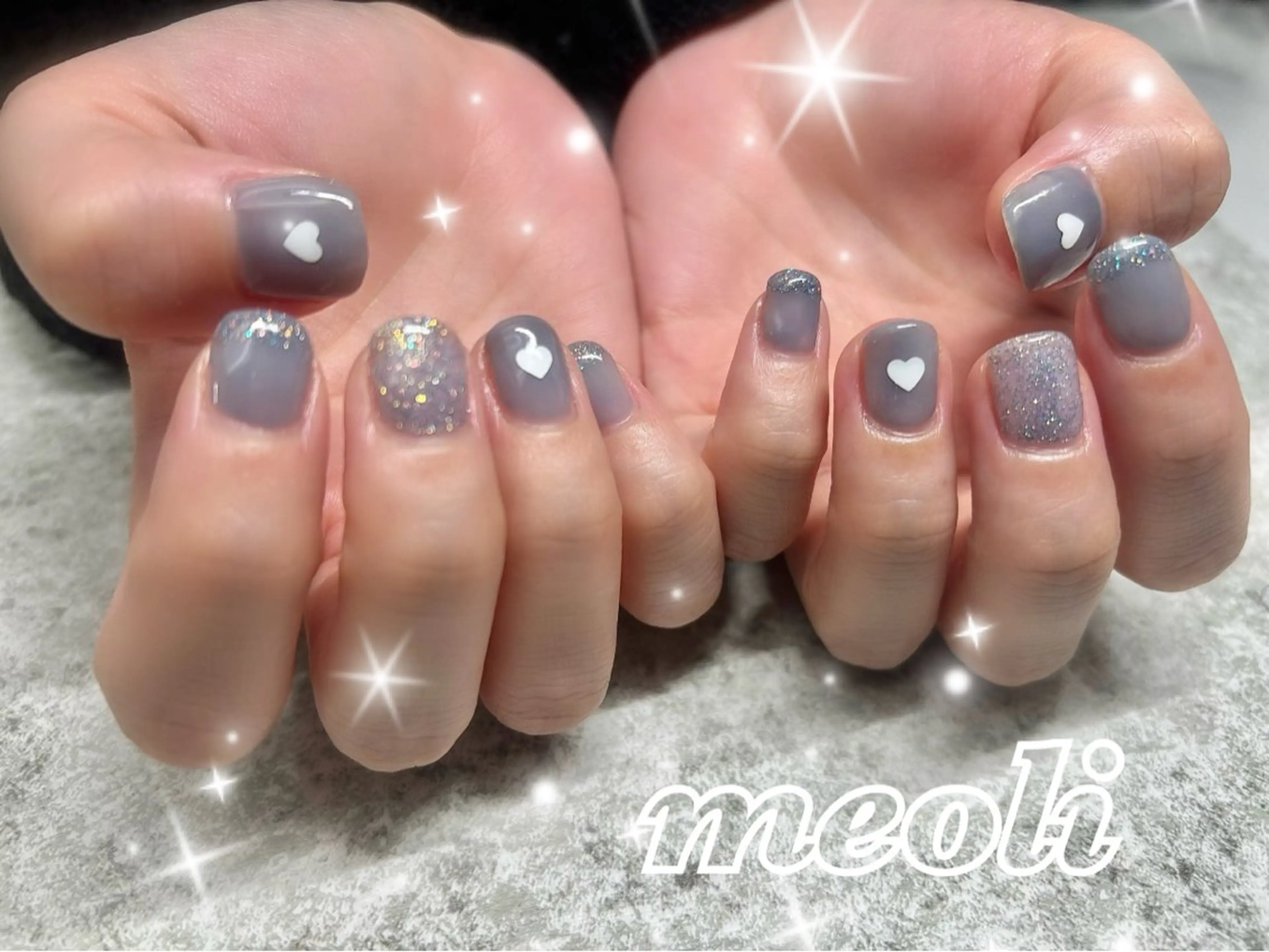 ネイル ブルー フラッシュネイル ハート ラメ(グリッター) シンプルネイル ハンドネイル nail salon meoli　アヤのネイルデザイン