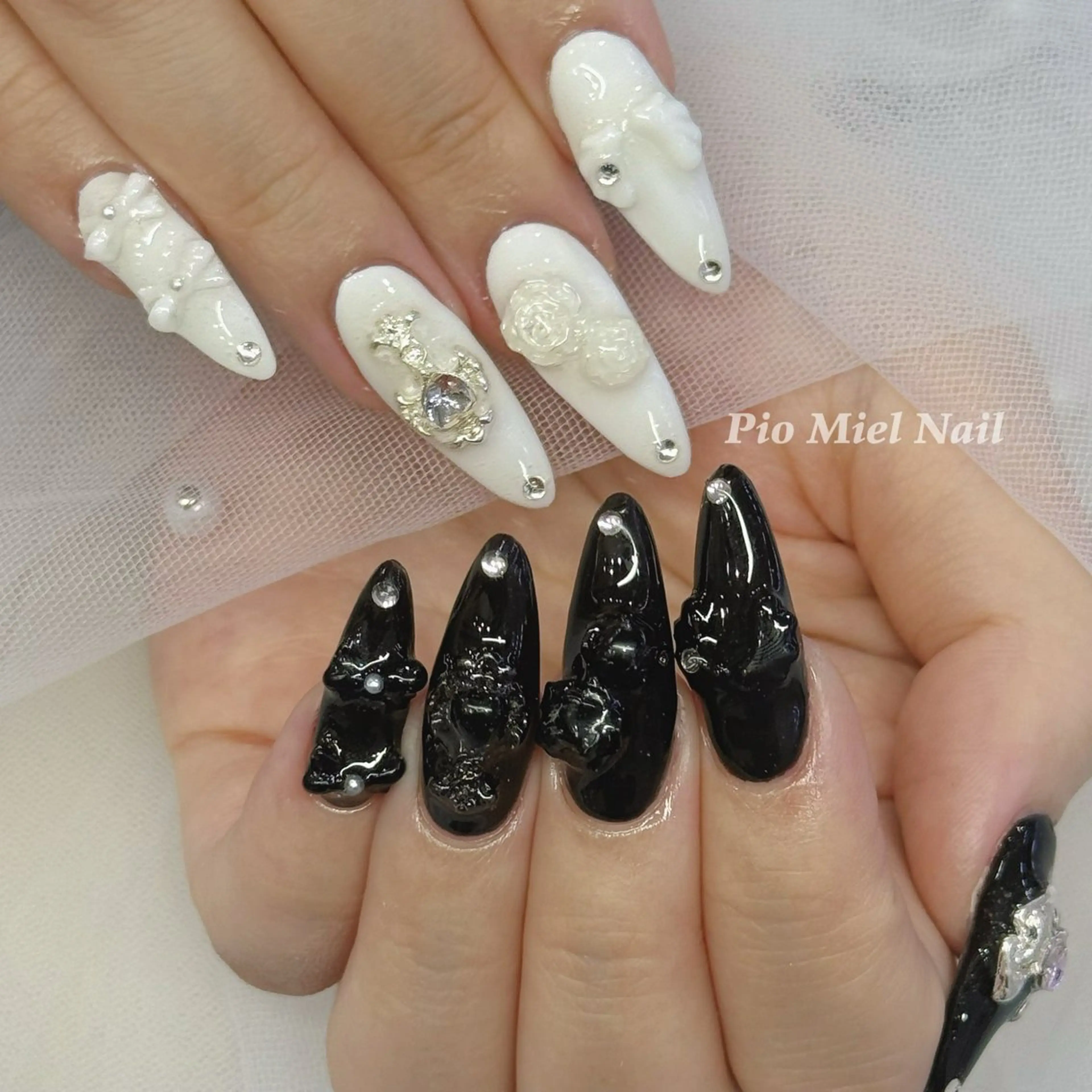 ロング カラー 黒髪 ローズカラー ロング HANA 長さだしのネイルデザイン