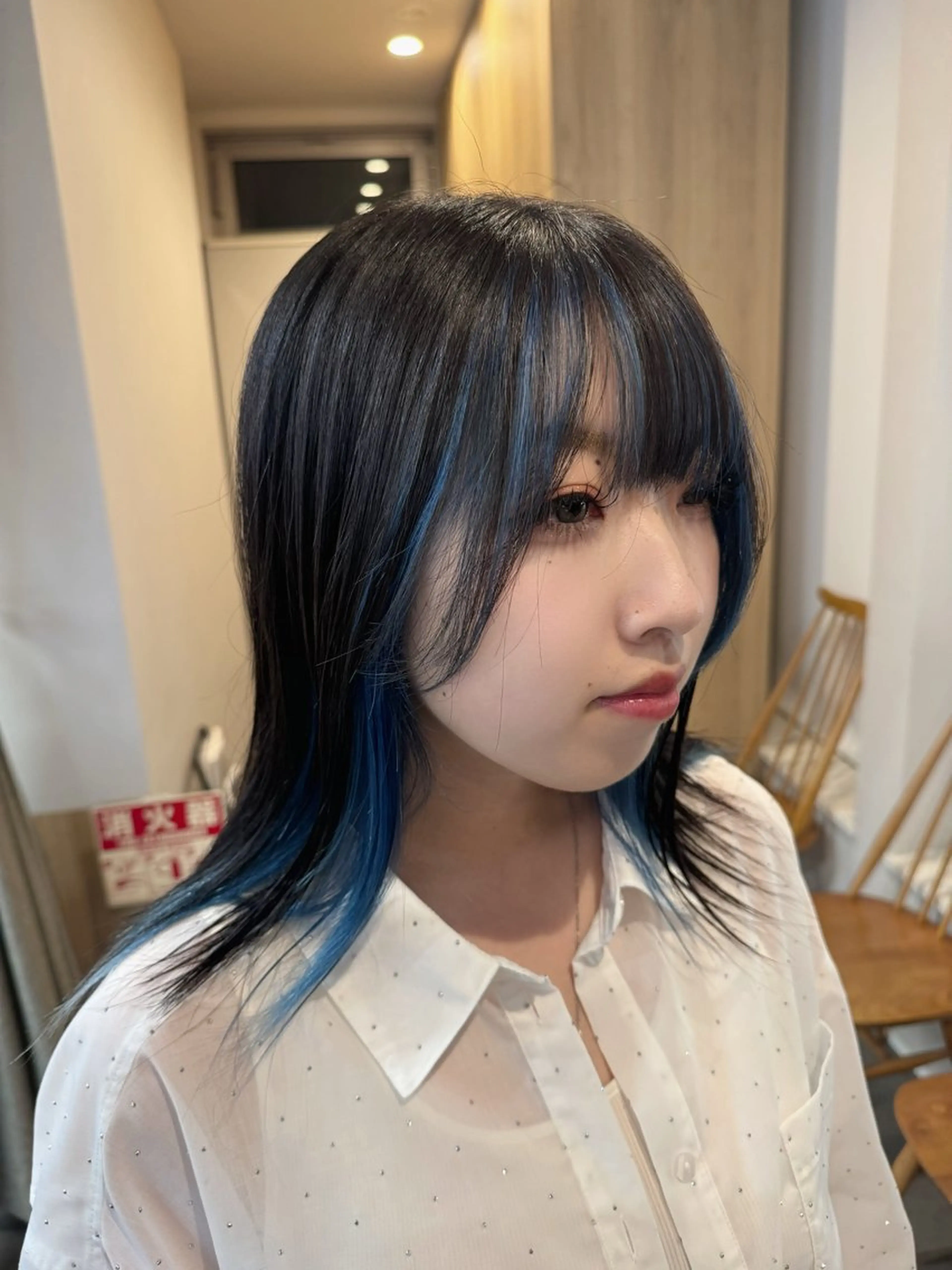 ミディアム カラー ヘアアレンジ ミディアムレイヤー 黒髪 ブルーカラー ブルーブラック インナーカラー ヘアカラー トリートメント 銀座/インナーカラー /髪質改善/せいぎのヘアスタイル