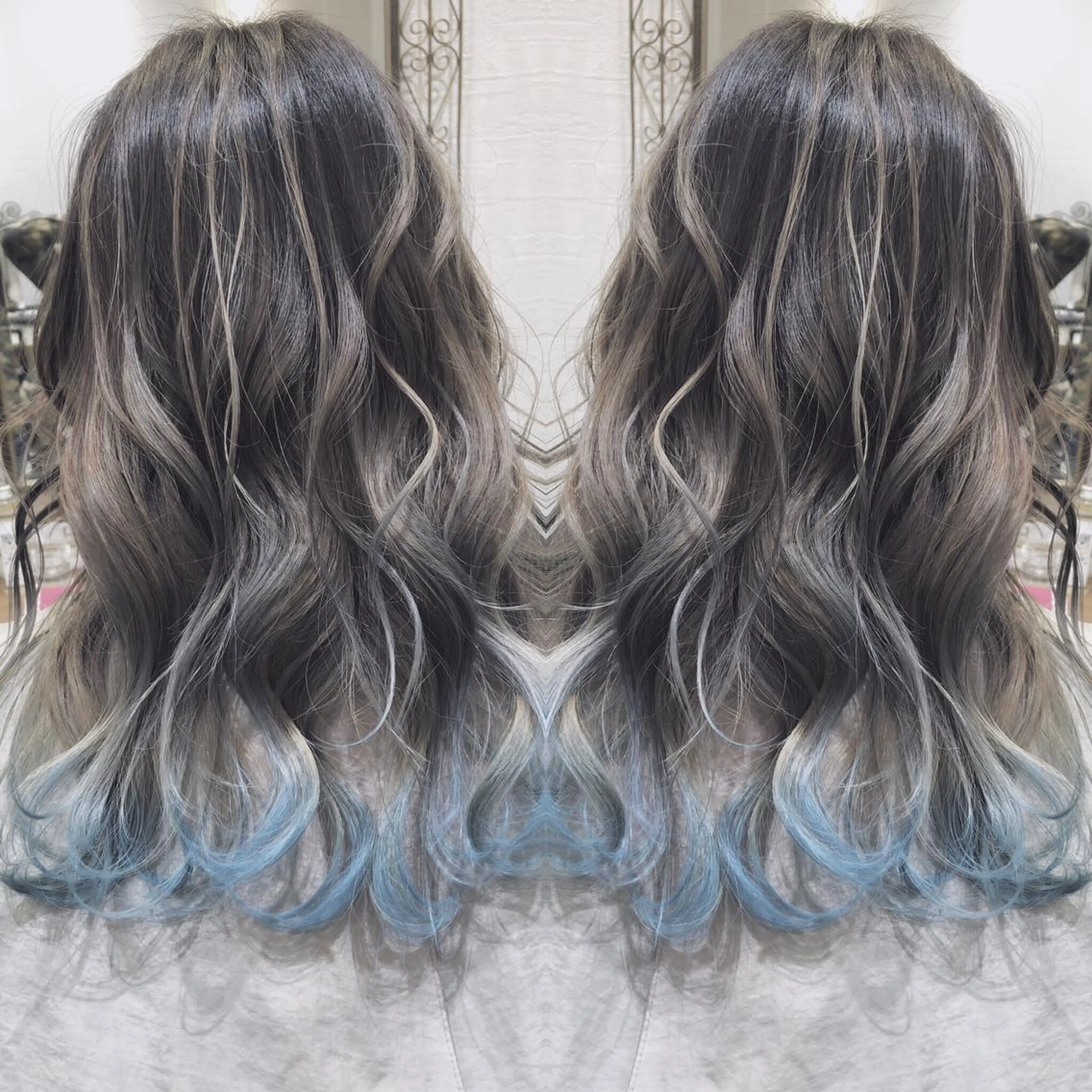 ロング カラー ブルーカラー ハイライトカラー ハイライト 皆巳 達郎のヘアスタイル