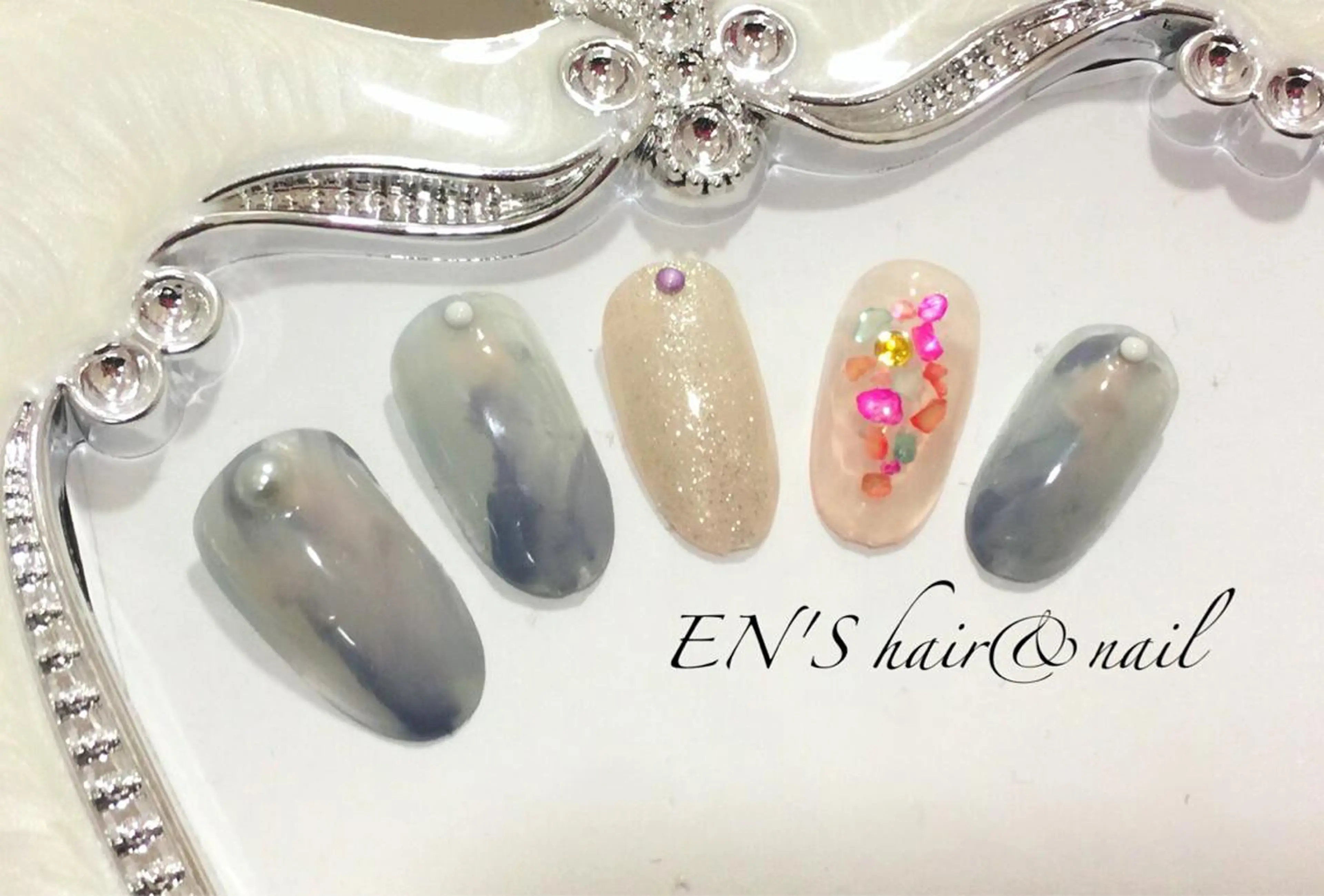 ネイル ブルー ゴールド キラキラネイル ラメ(グリッター) 大理石ネイル(マーブル) フルリール 【プライベートサロンのネイルデザイン