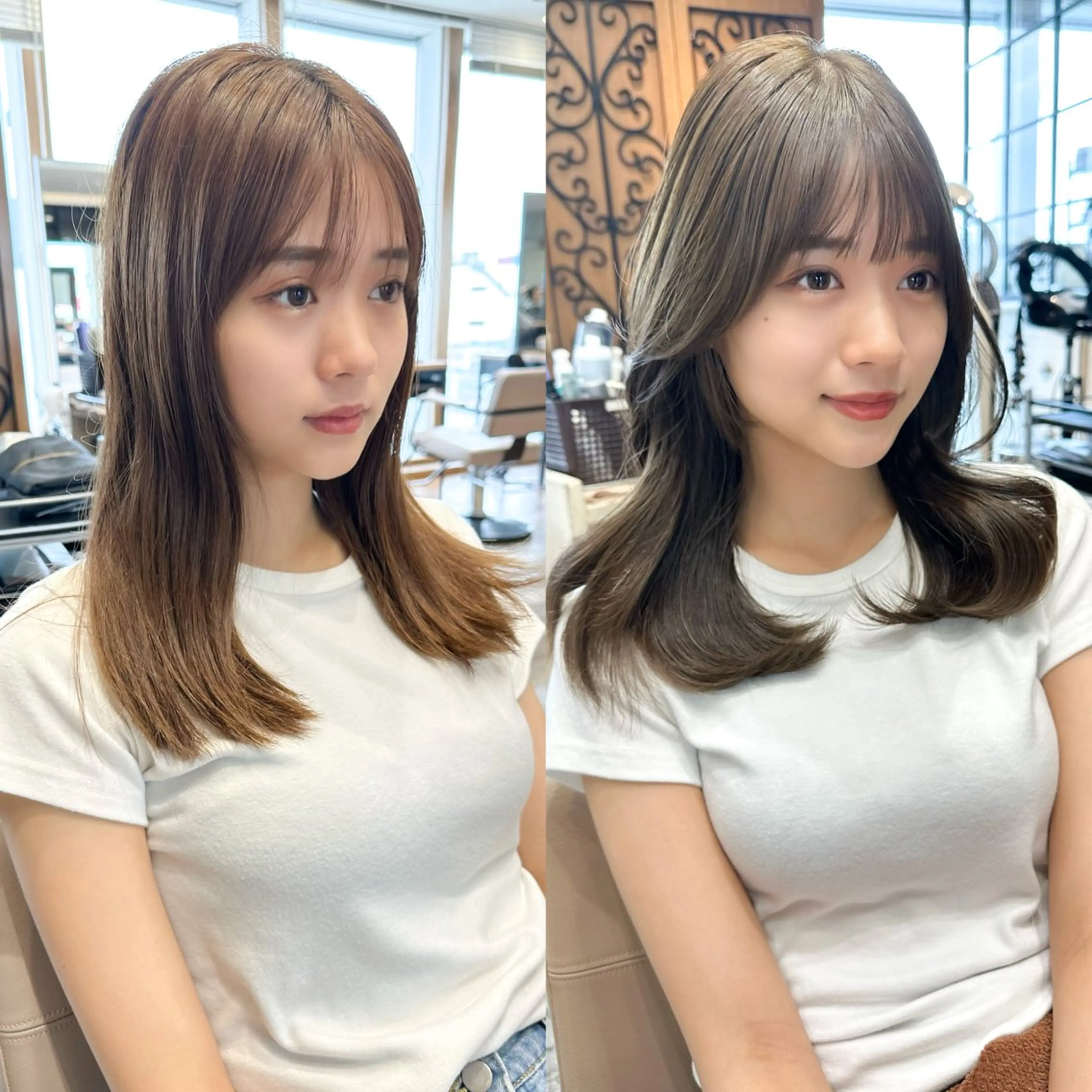 セミロング カラー ベージュカラー ブラウンカラー ブラウンベージュ オリーブベージュ くびれヘア カット ヘアカラー トリートメント 顔周り/くびれヘア 韓国ヘア💕風間るなのヘアスタイル