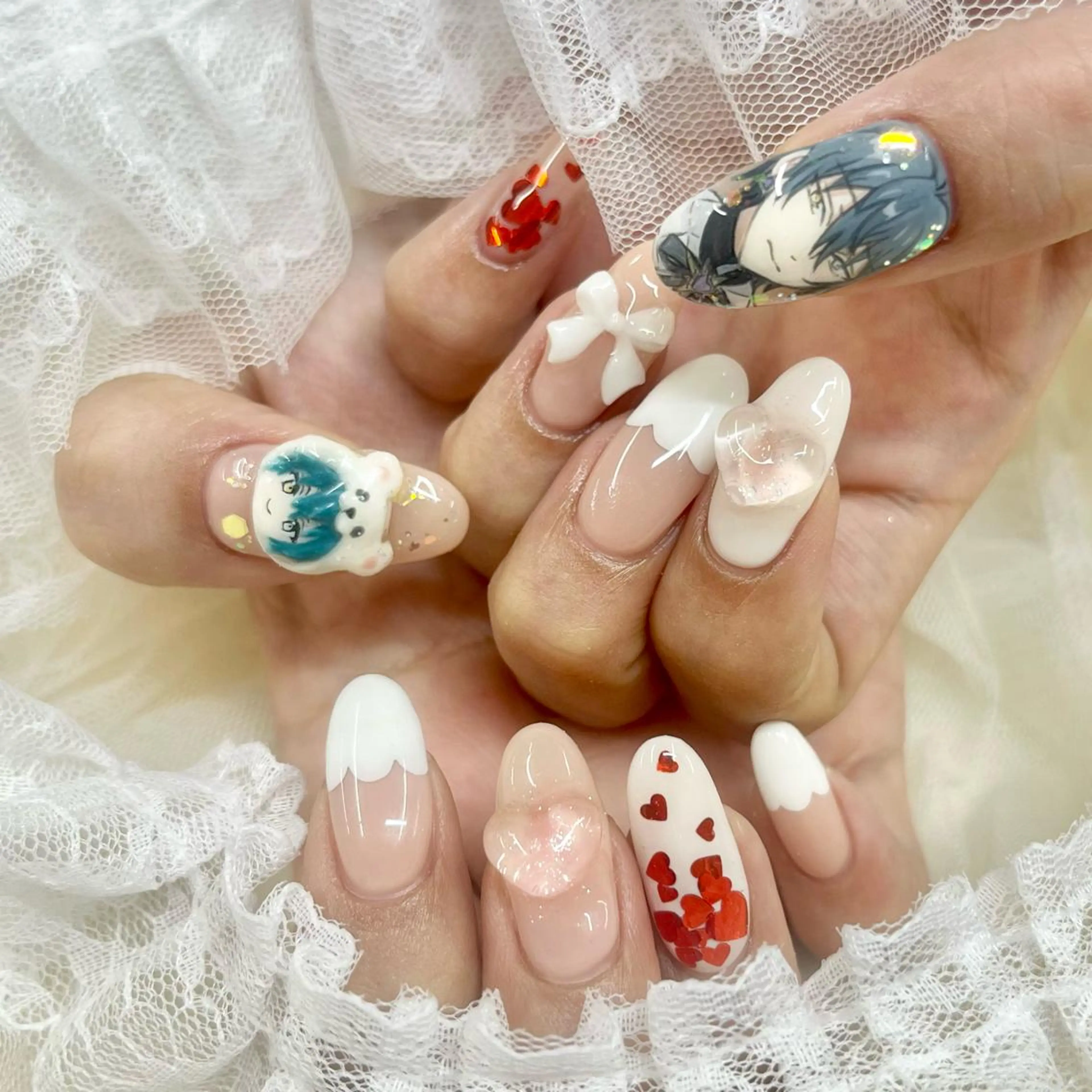 ロング ネイル リボン ハンドネイル 池袋痛ネイル Nok. 渡辺のネイルデザイン