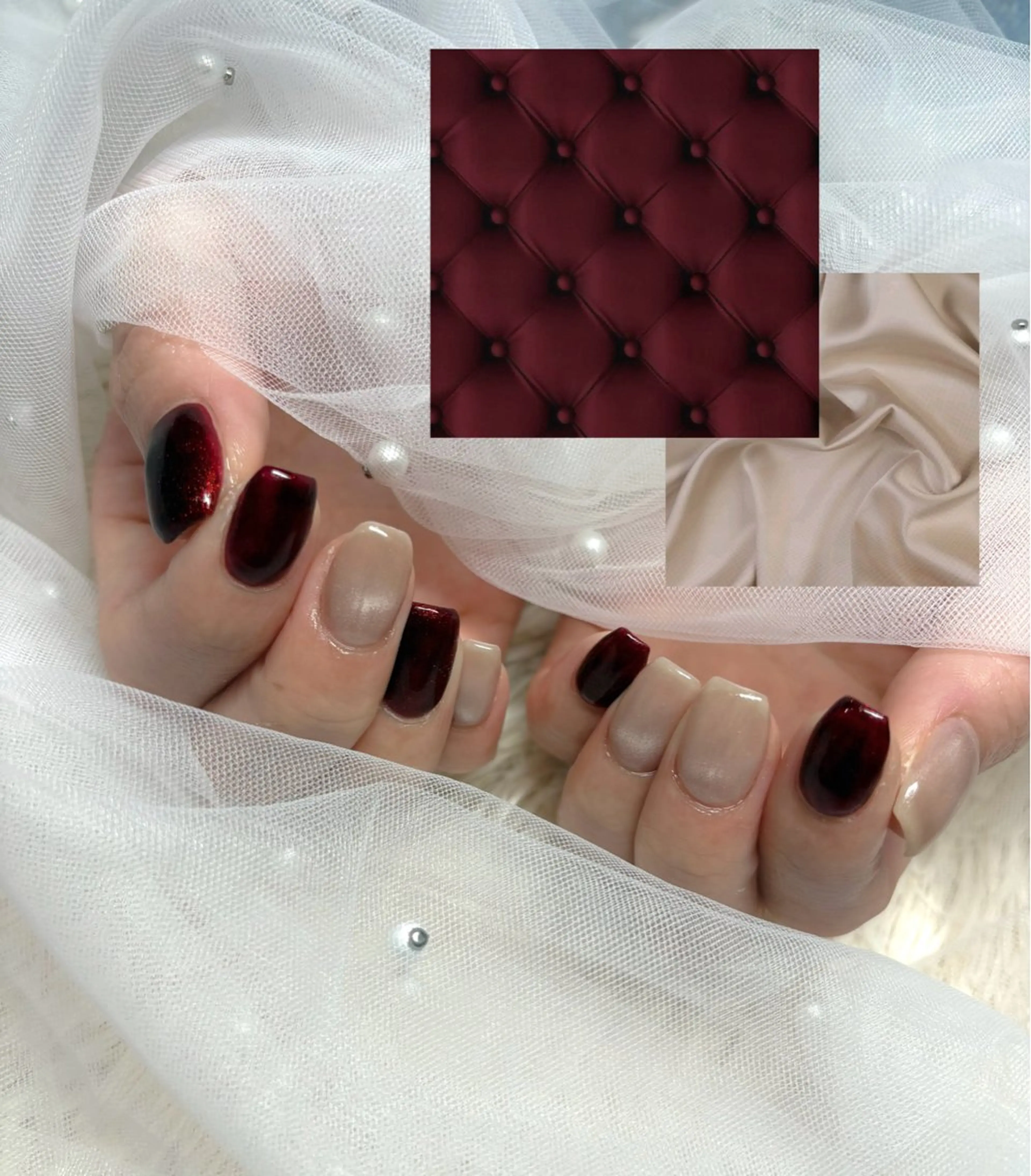 ネイル ボルドー マグネットネイル ホワイト ハンドネイル Nail Salon RiLion所属・kaho  🧸🎀 RiLionのネイルデザイン