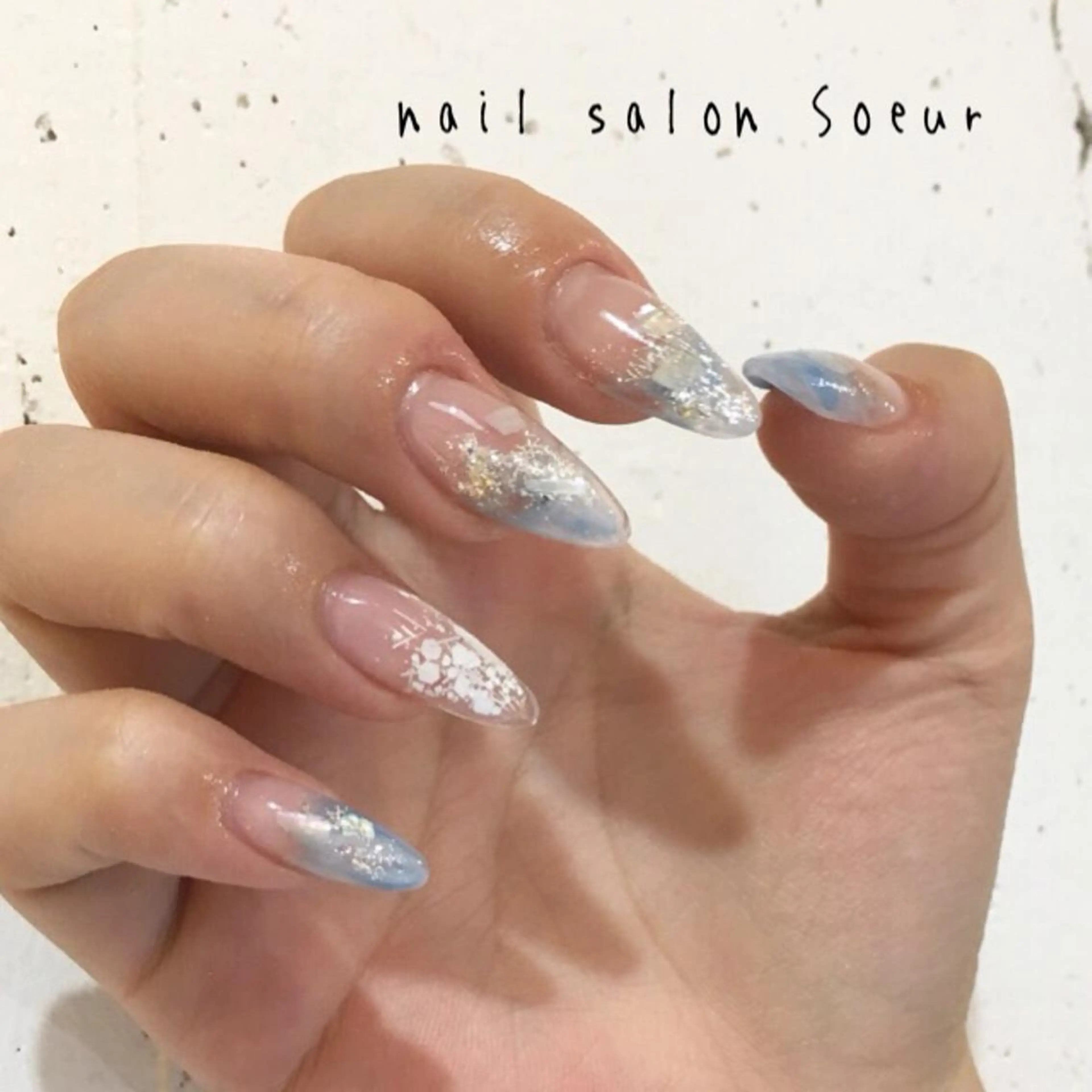 ネイル ブルー クリアネイル 大理石ネイル(マーブル) 持ち込み スカルプネイル ハンドネイル nail salon Soeurのネイルデザイン