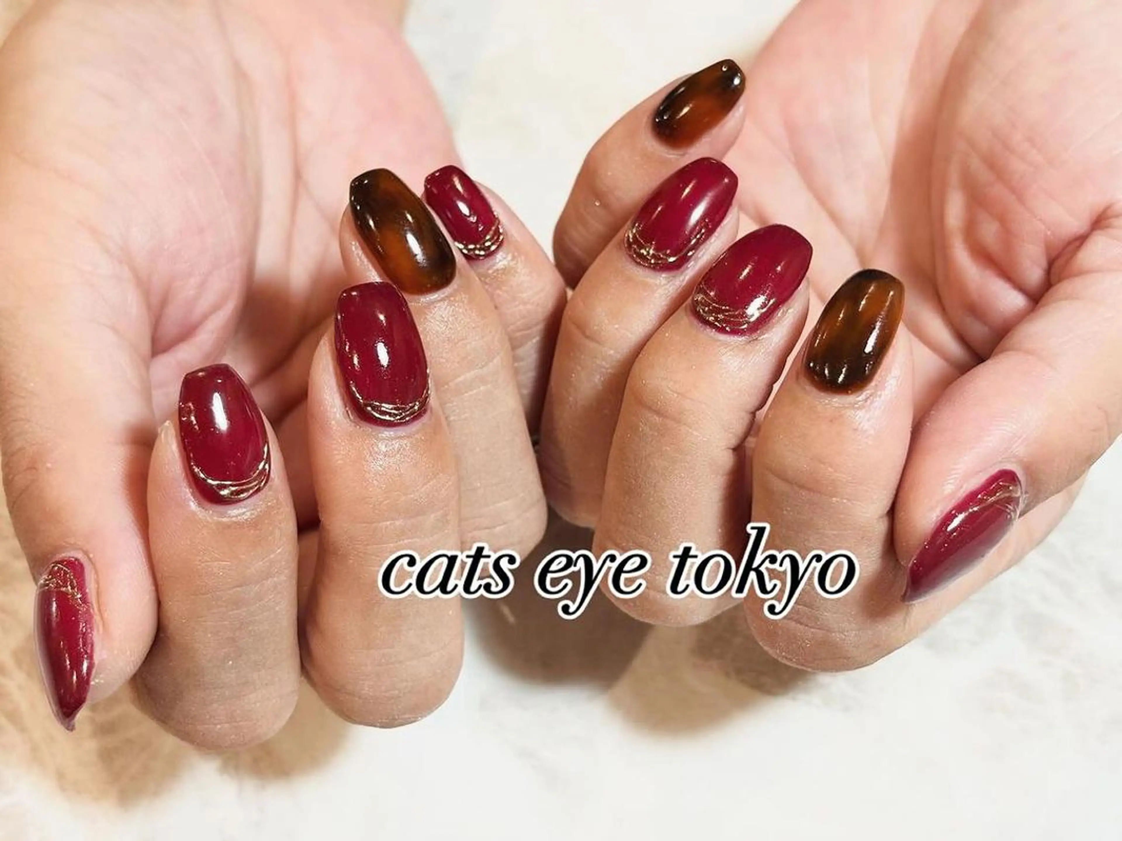 ネイル アートネイル べっ甲ネイル ボルドー ジェルネイル マグネットネイル Cat's eye TOKYO 新宿店のネイルデザイン