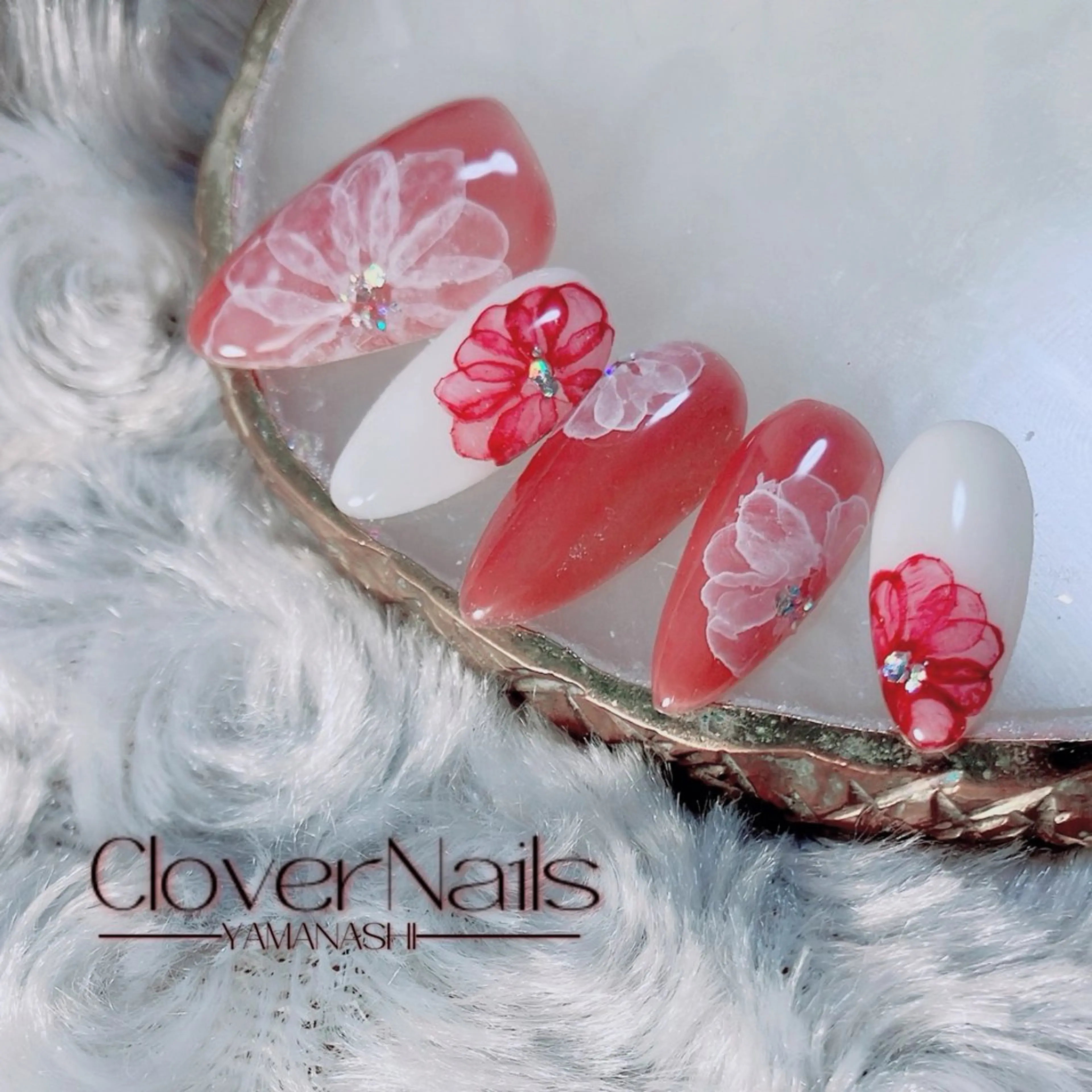 ネイル アートネイル フラワーネイル ピンク ストーンネイル ハンドネイル 自宅ネイルサロン クロバーネイルのネイルデザイン
