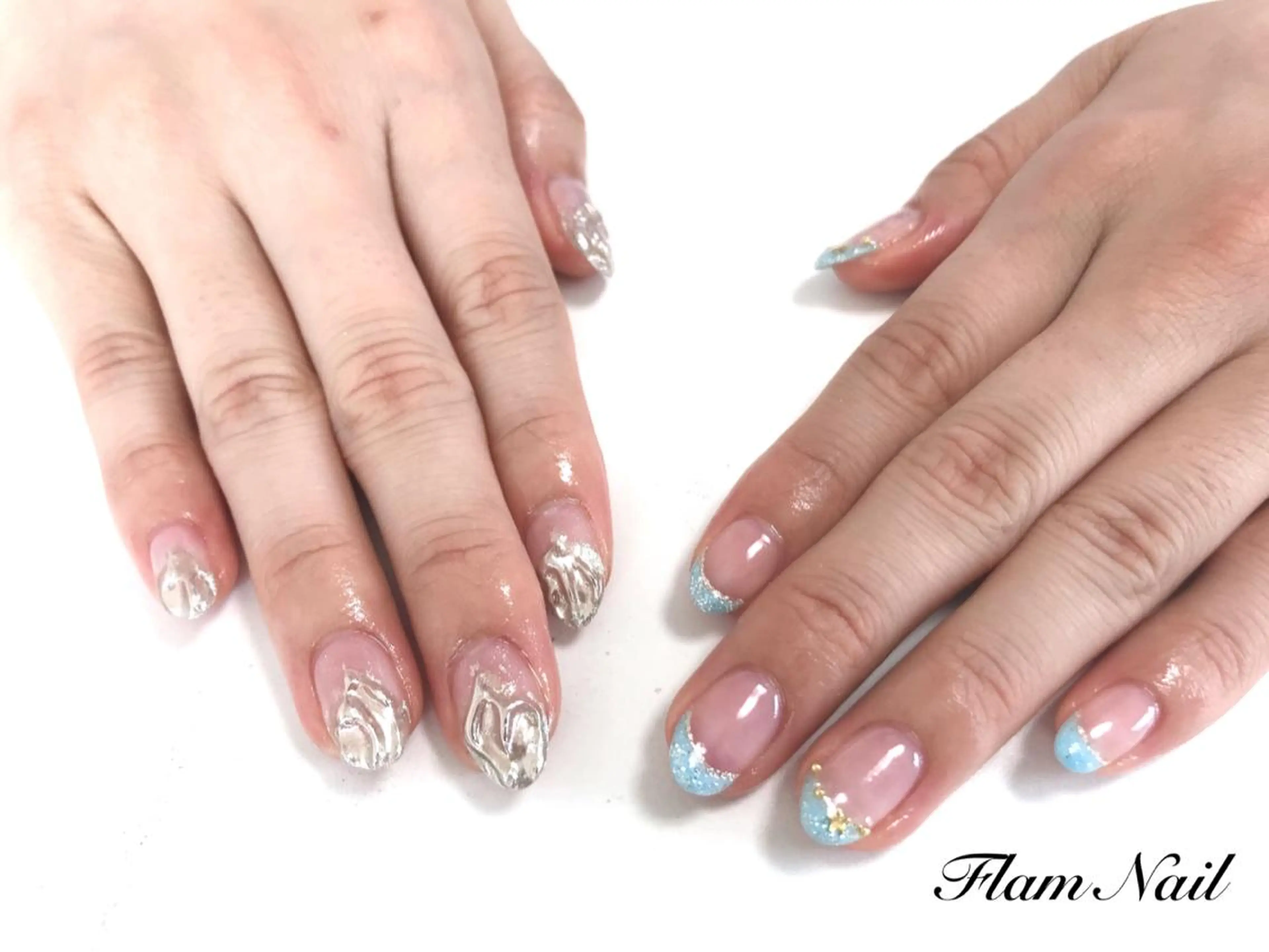 ネイル ブルー ミラーネイル シルバー Flam Nailのネイルデザイン