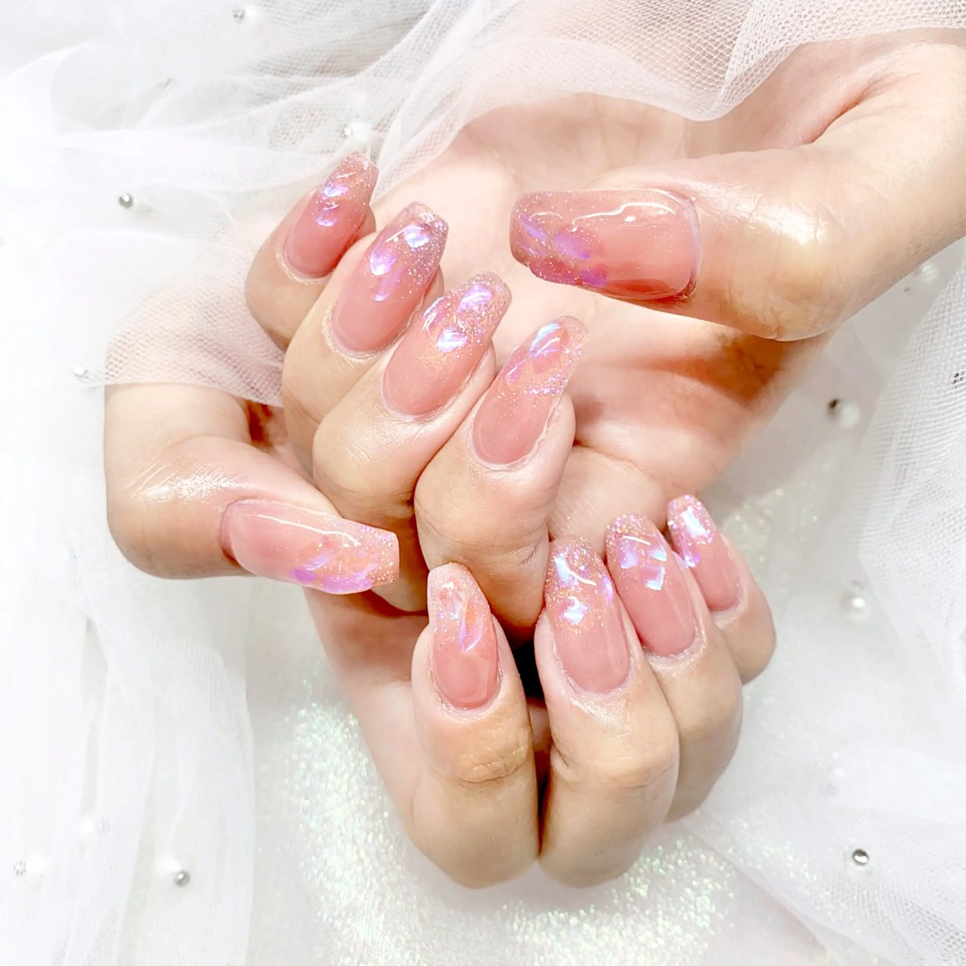 ネイル 長さ出し ジェルネイル キラキラネイル 大理石ネイル(マーブル) ニュアンスネイル Morpho nailのネイルデザイン