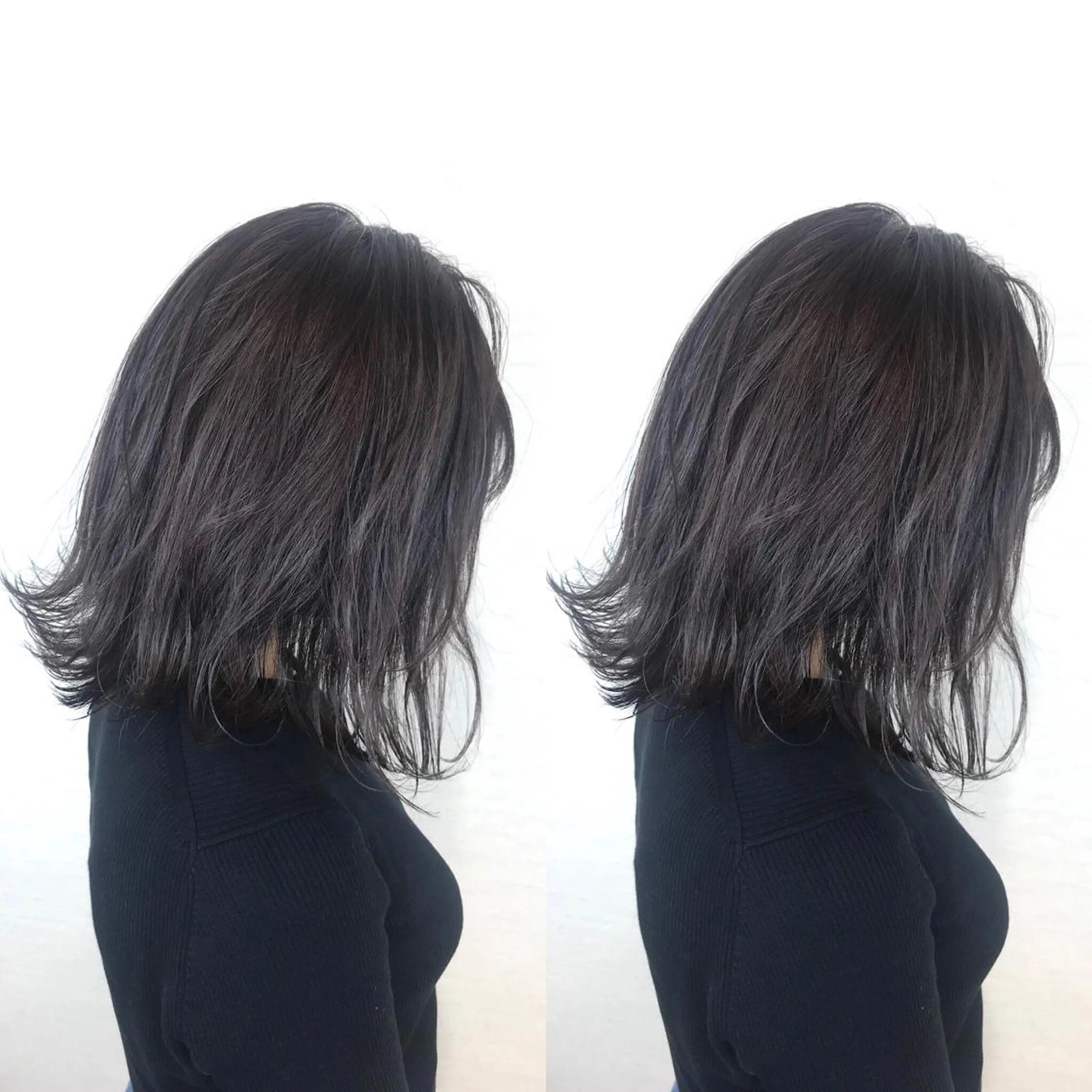 セミロング カラー 切りっぱなしボブ ダークグレー ダークグレージュ グレージュ ボブ 韓国レイヤーカット/ ダブルカラーのヘアスタイル