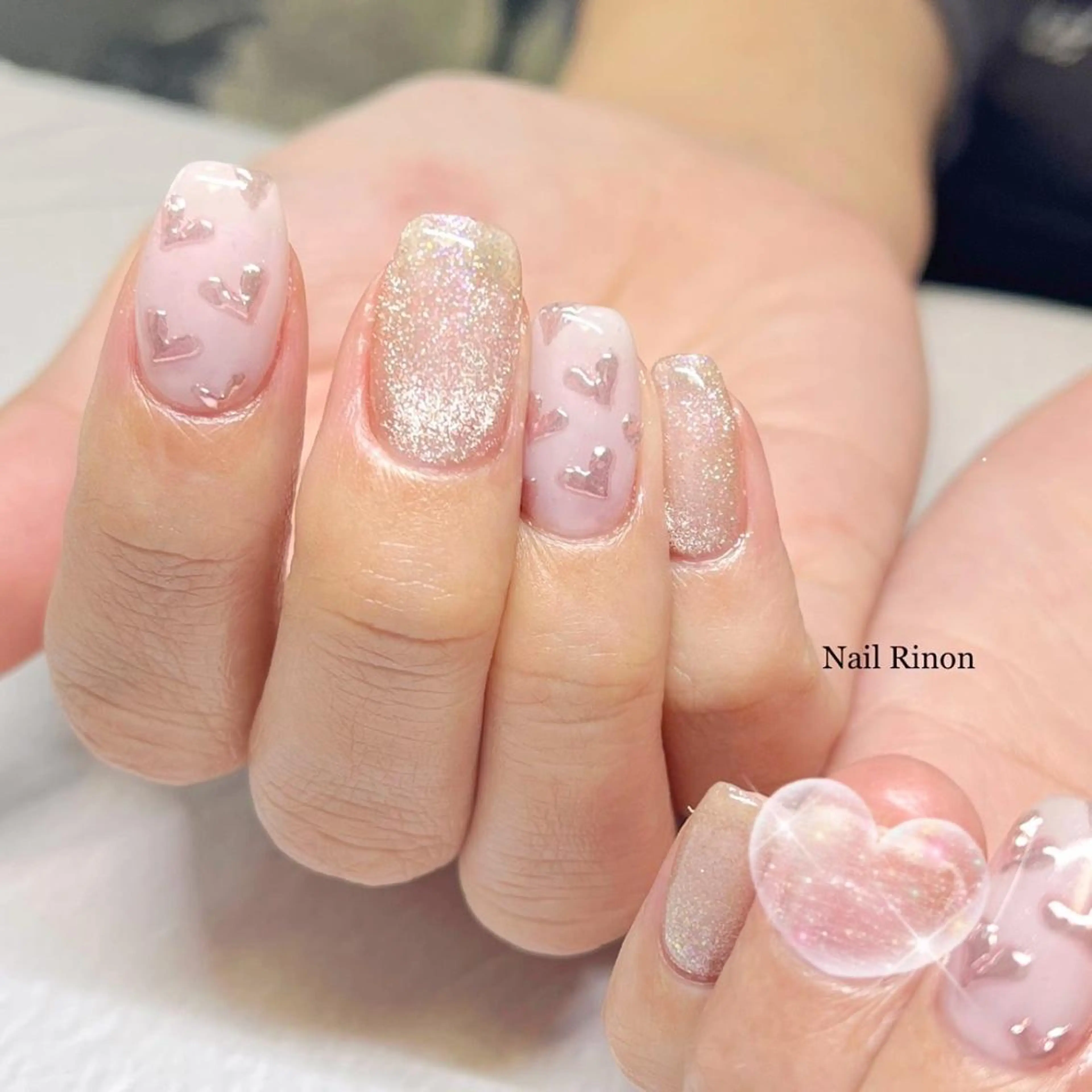 ネイル ハート キラキラネイル マグネットネイル ピンク ハンドネイル Nail Rinonのネイルデザイン