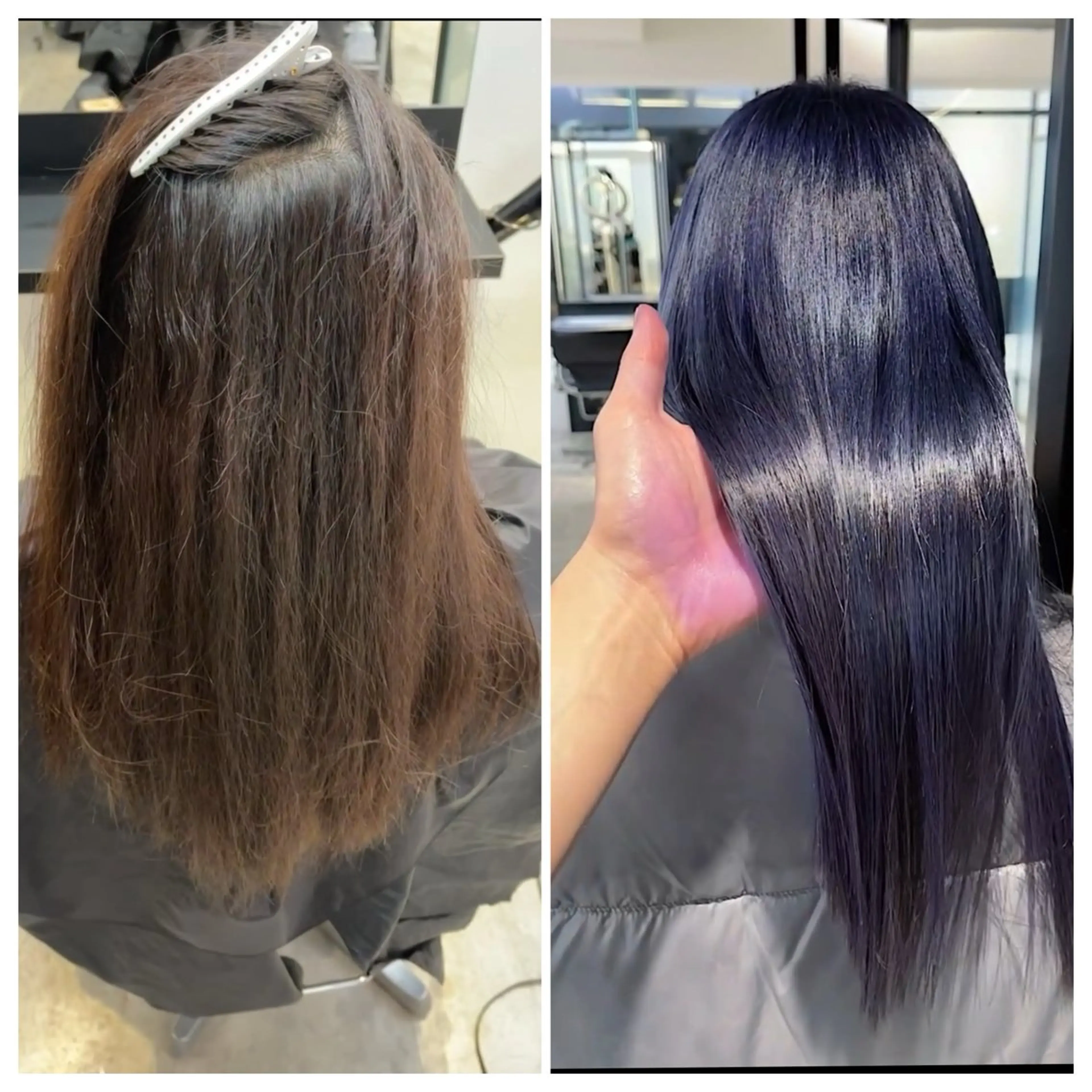 セミロング パープルカラー 縮毛矯正 トリートメント ヘアカラー 縮毛矯正 トリートメント け んブリーチ縮毛矯正のヘアスタイル