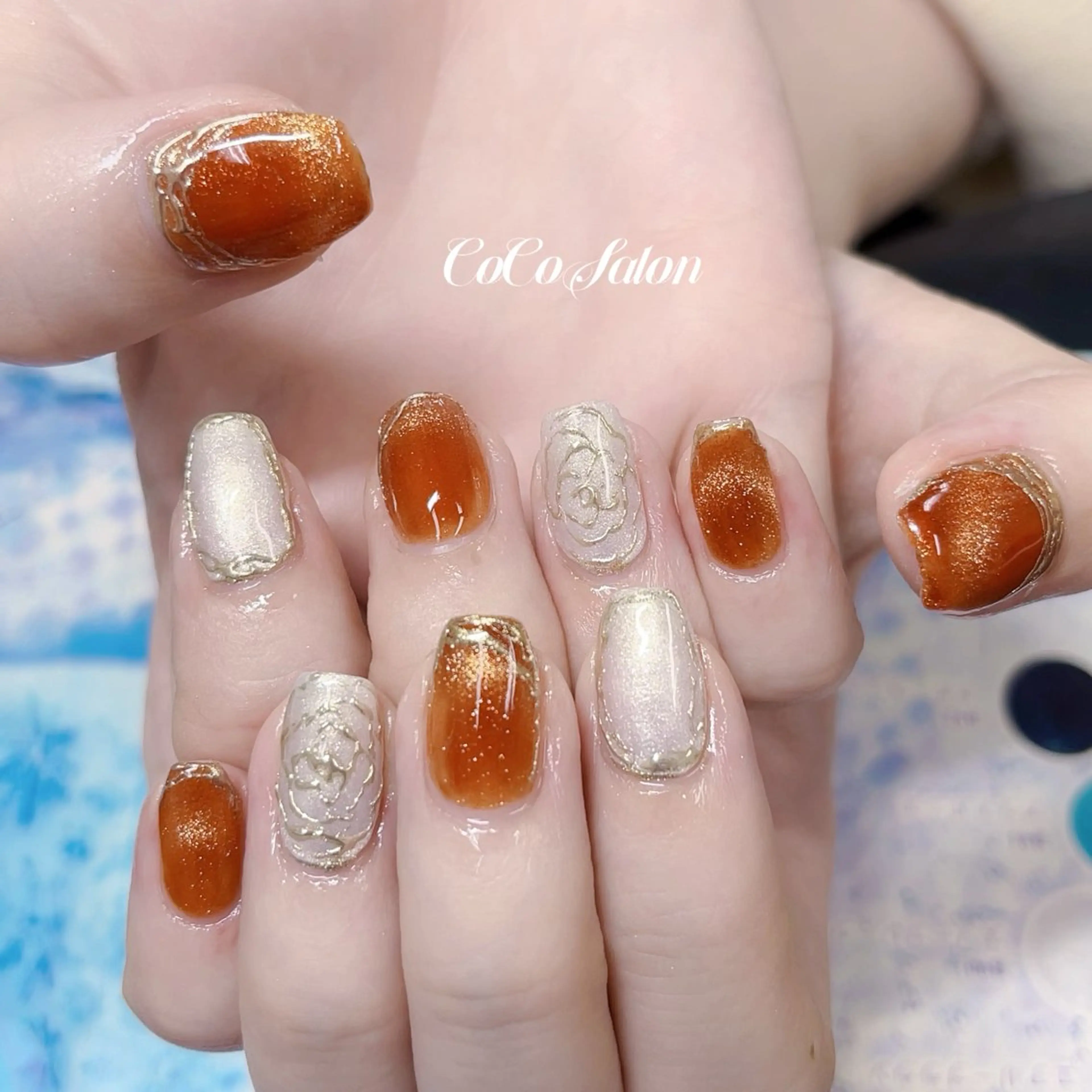 ネイル ブラウン フレンチネイル ミラーネイル ホワイト ハンドネイル CoCoSalon ネイル/まつ毛予約のネイルデザイン