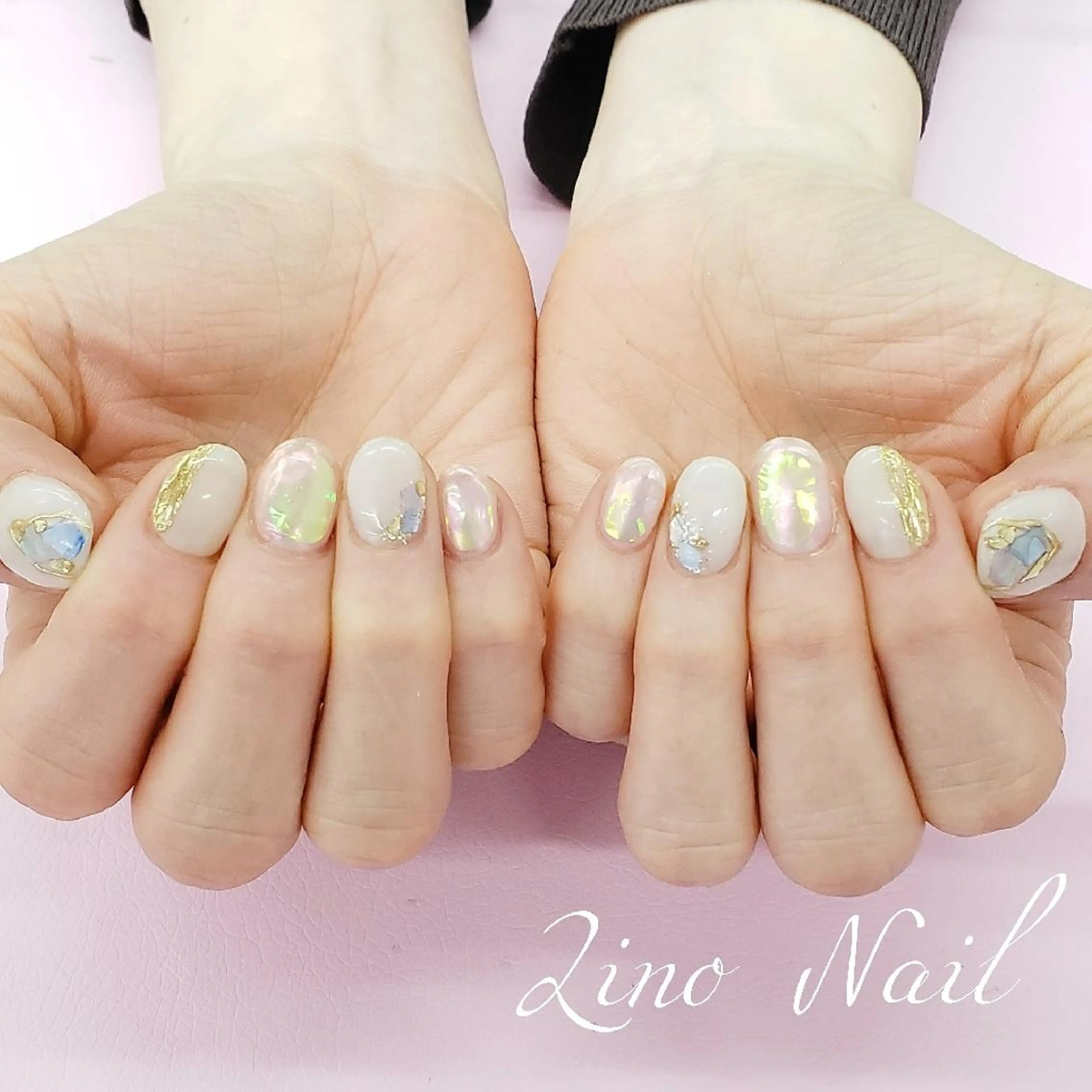 ネイル オーロラネイル カジュアル ジェルネイル 氷ネイル・うるうるネイル キラキラネイル ハンドネイル Lino Nailのネイルデザイン