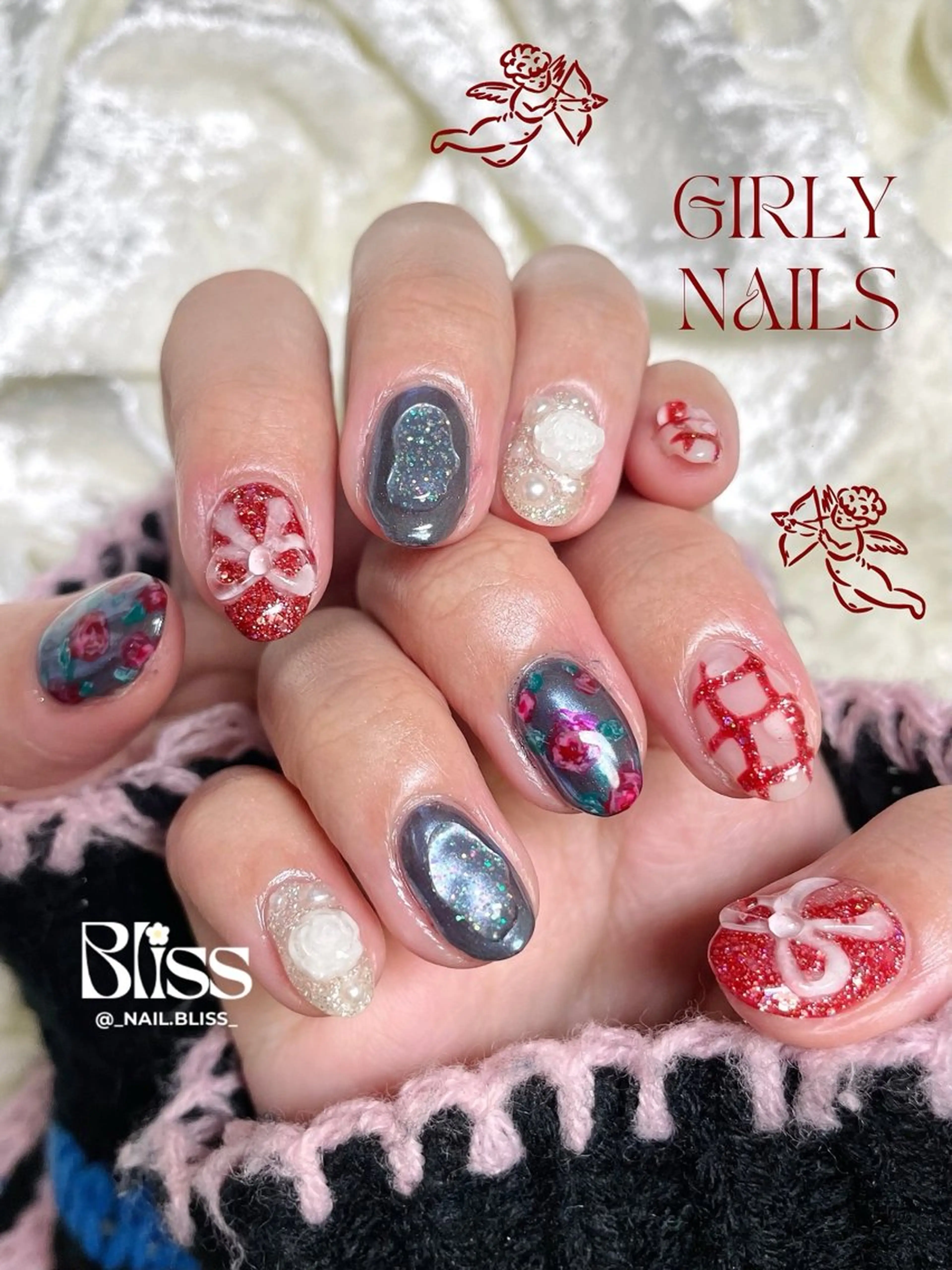 ネイル ガーリー リボン ハンドネイル NAIL BLISSのネイルデザイン